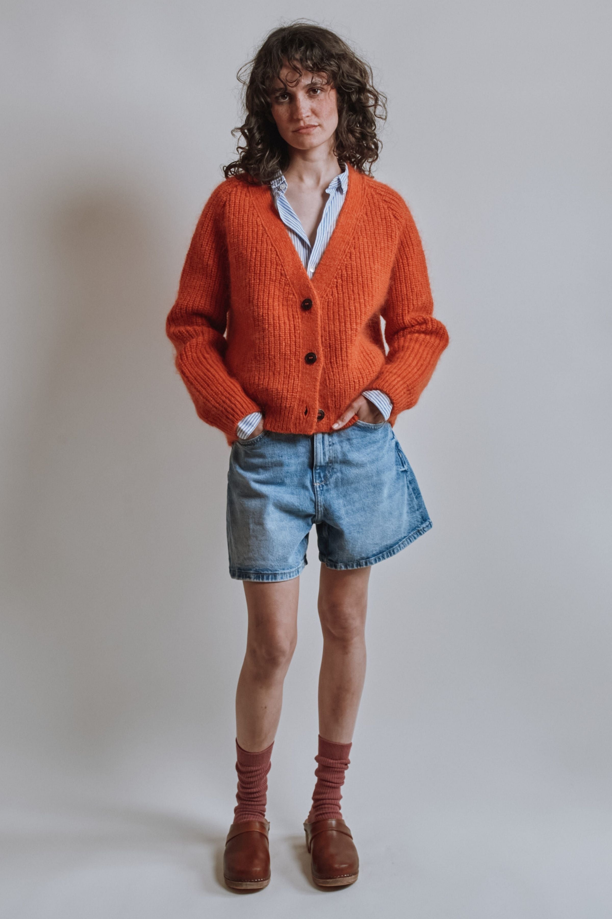 ANNA V-Neck Cardigan in Merino-Mohair Wool - Burnt Orange