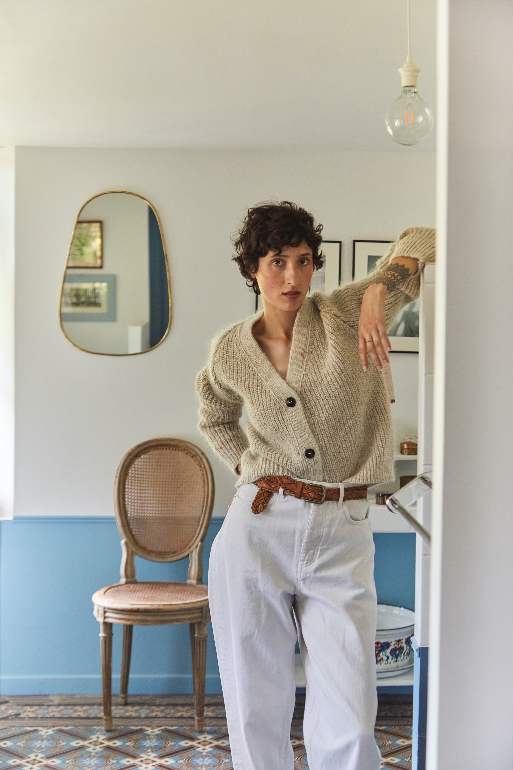 ANNA V-Neck Cardigan in Merino-Mohair Wool Beige - Main Image