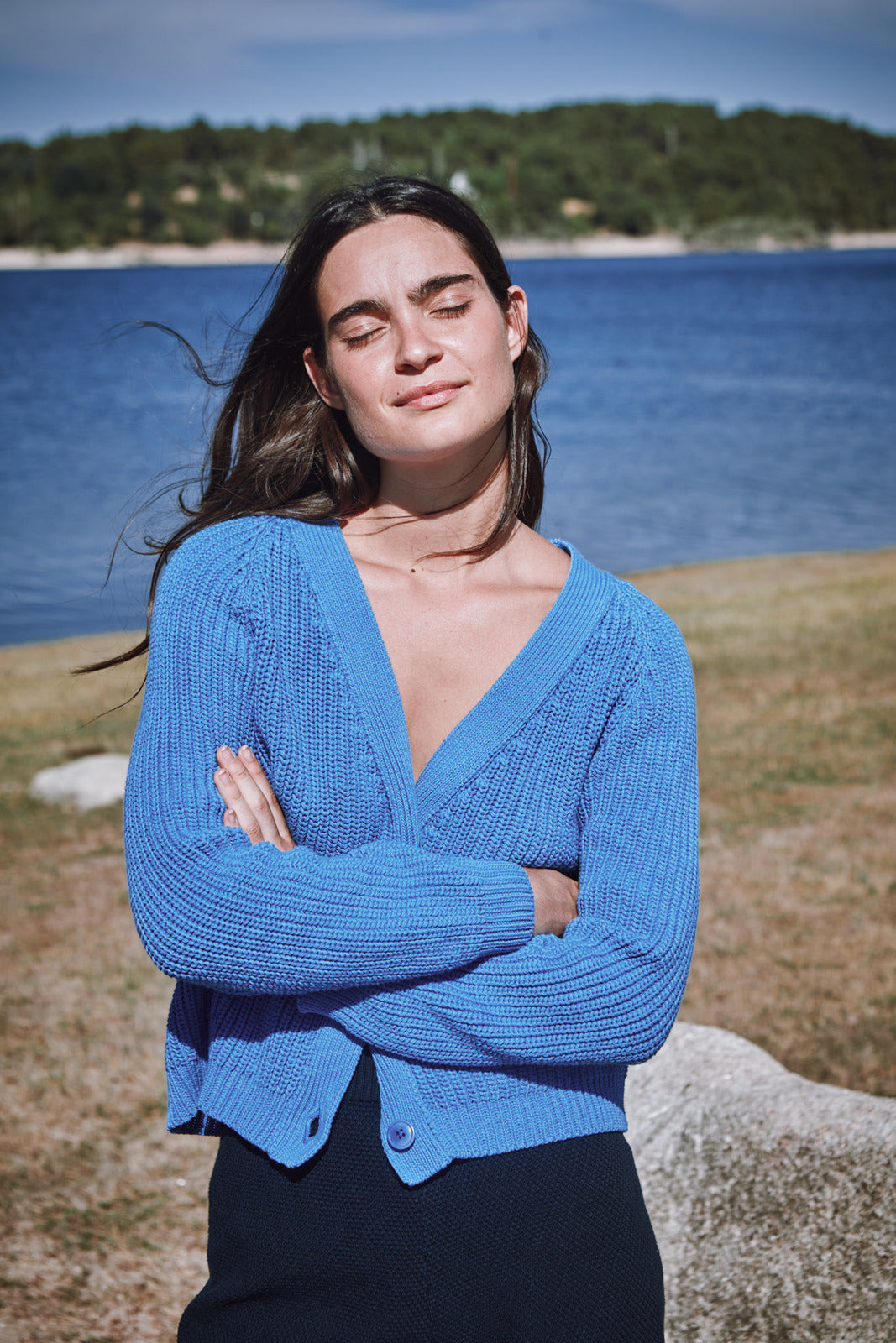 Cardigan ANNA en cyan - 100 % coton biologique - L'Envers