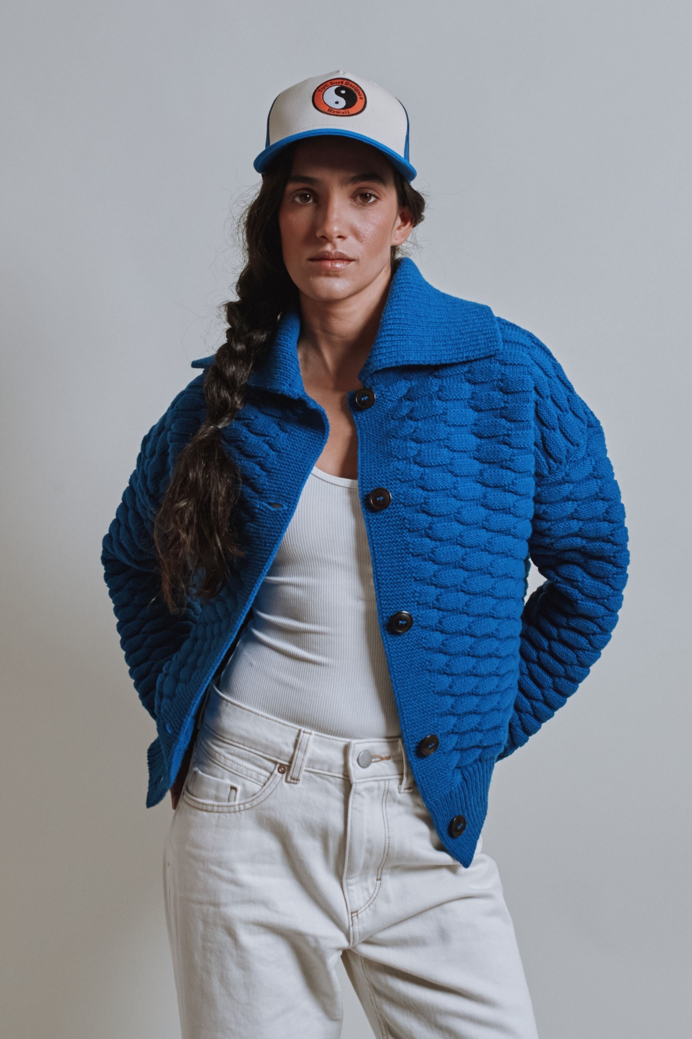 ASTRID Shirt-Collar Cardigan Jacket in Merino Wool - Cobalt Blue