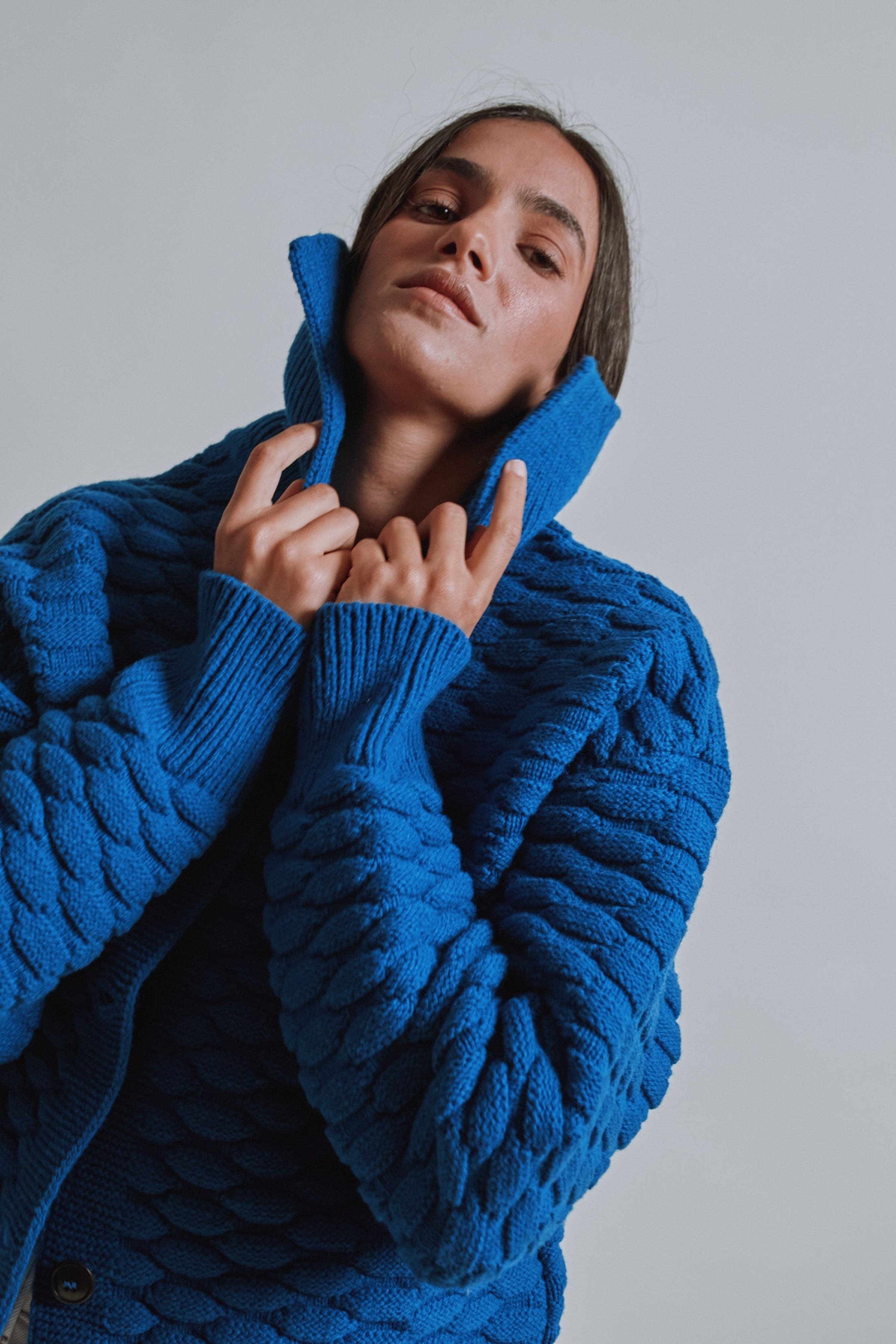 ASTRID Shirt-Collar Cardigan Jacket in Merino Wool - Cobalt Blue