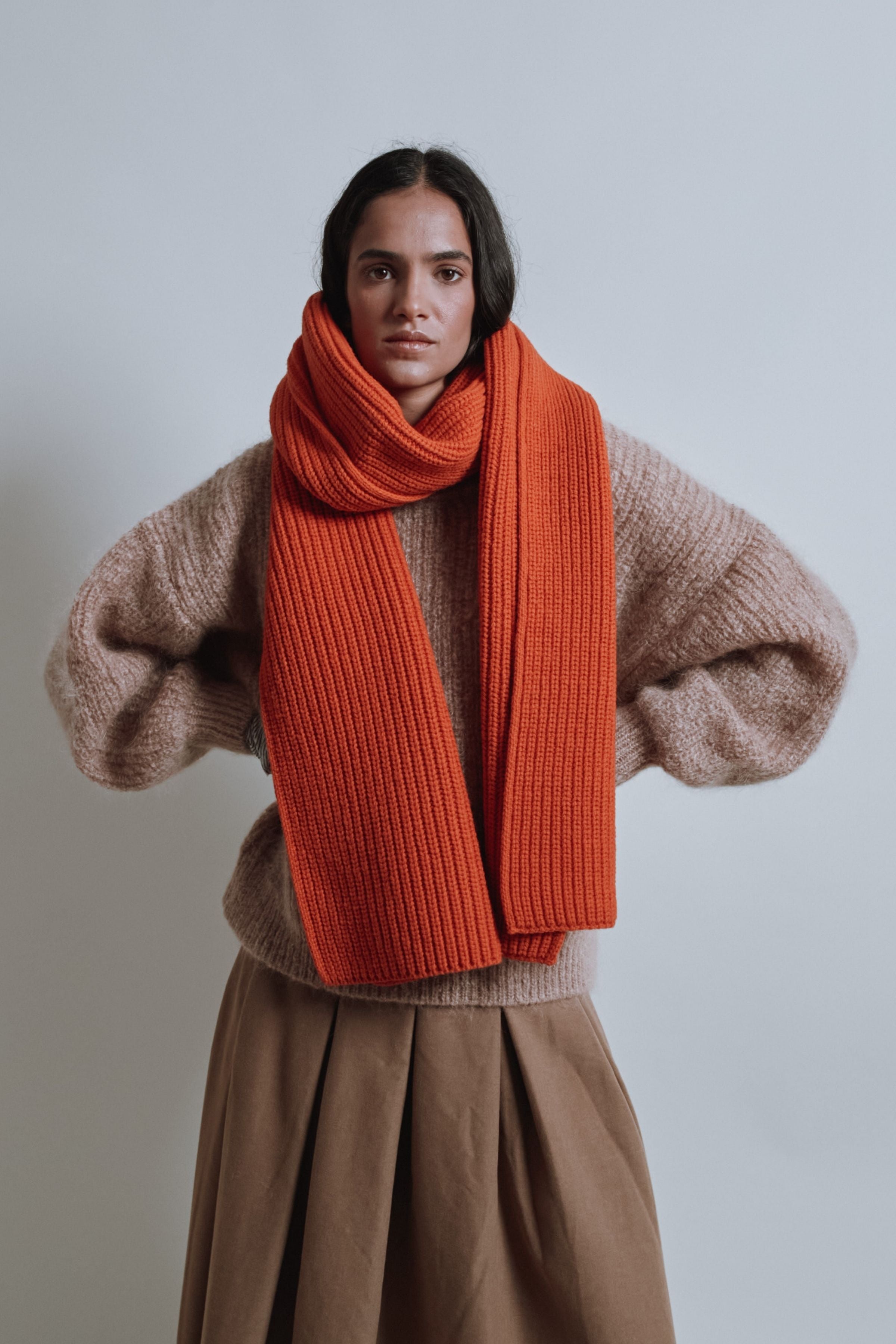 CAMILLE Long Scarf in Merino Wool - Burnt Orange