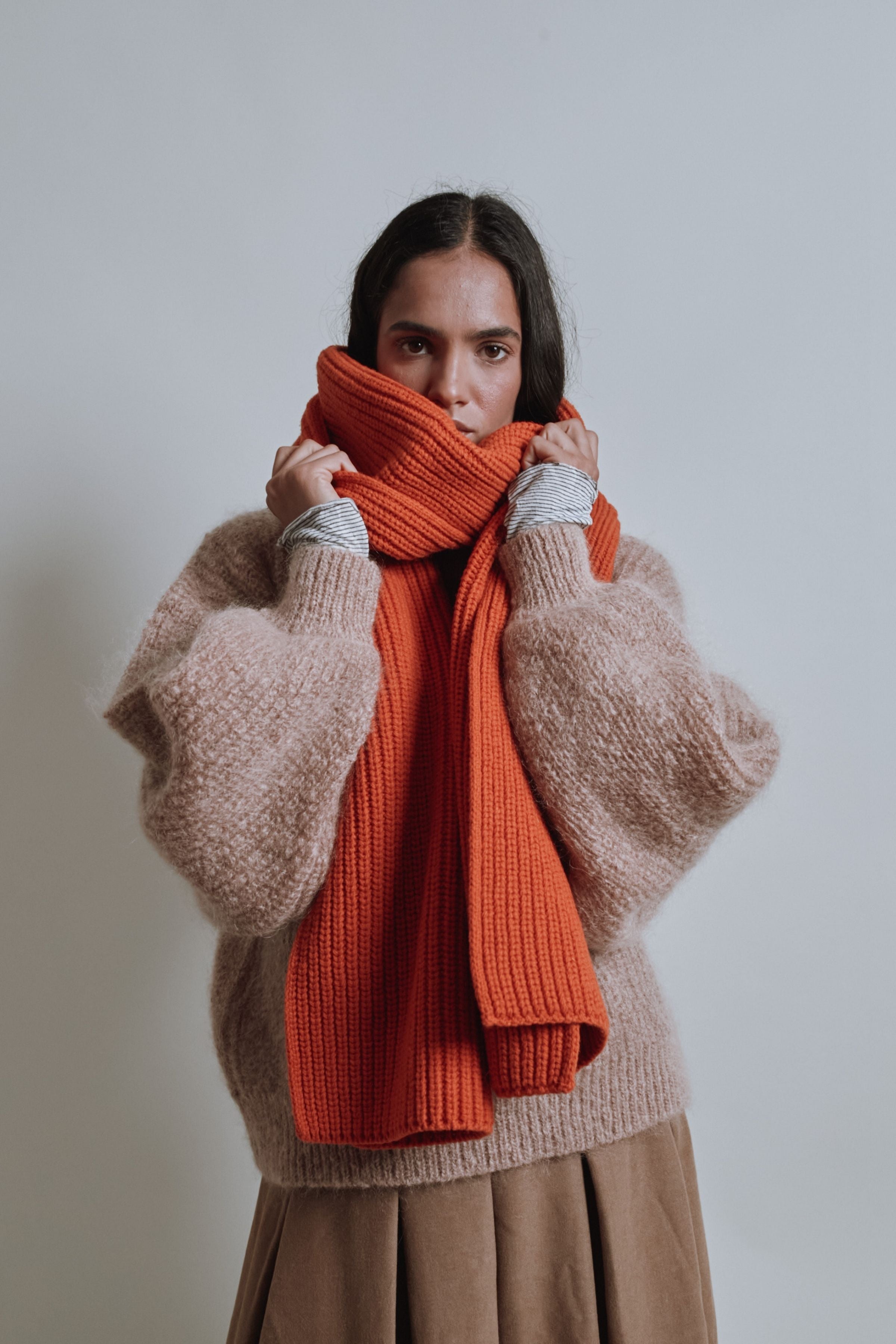 CAMILLE Long Scarf in Merino Wool - Burnt Orange