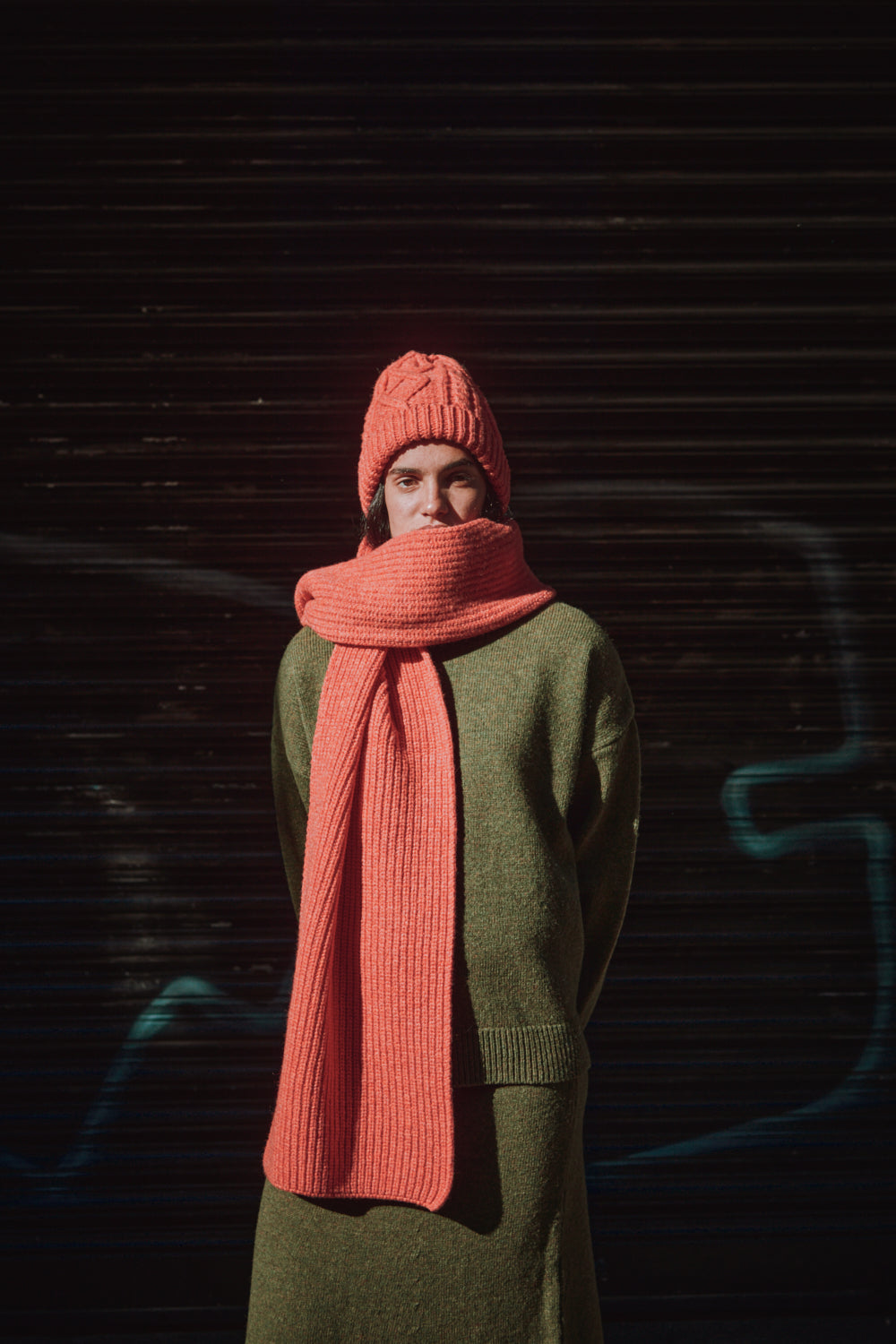 CAMILLE Long Scarf in Merino Wool - Coral (Delivered by Xmas)