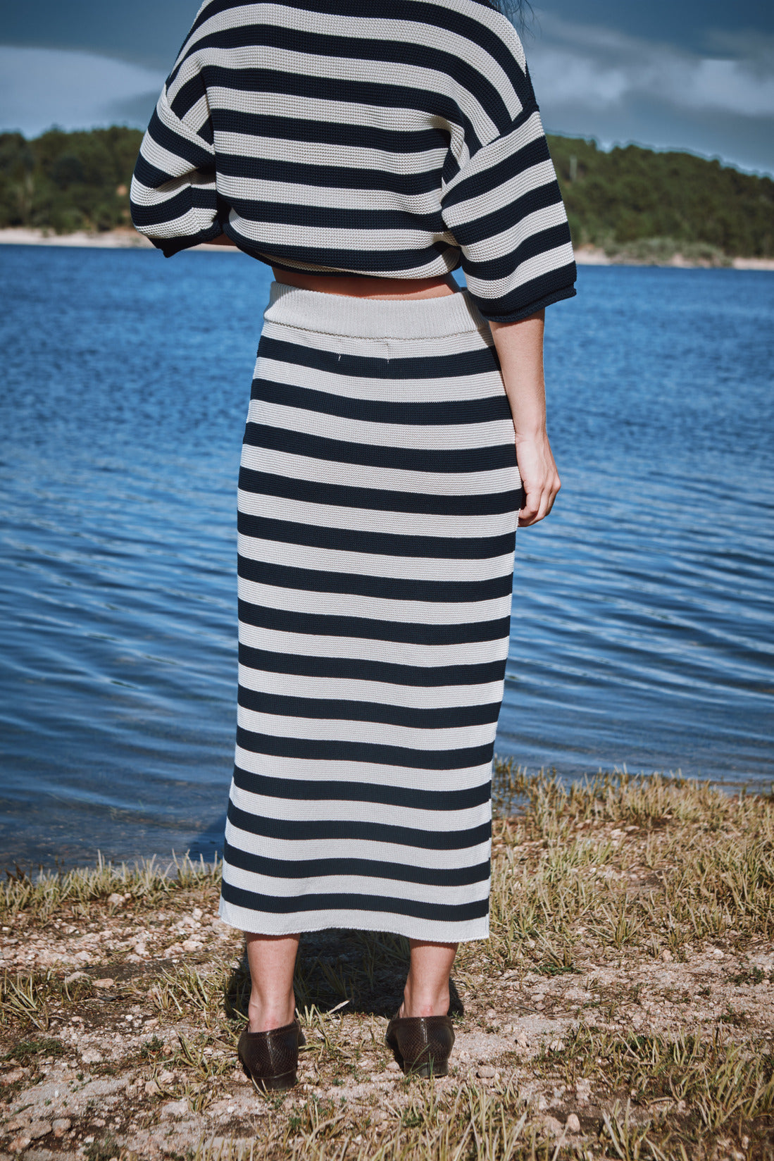 CECILE Straight Midi Skirt in Organic Cotton - Navy Blue and Off-white stripes