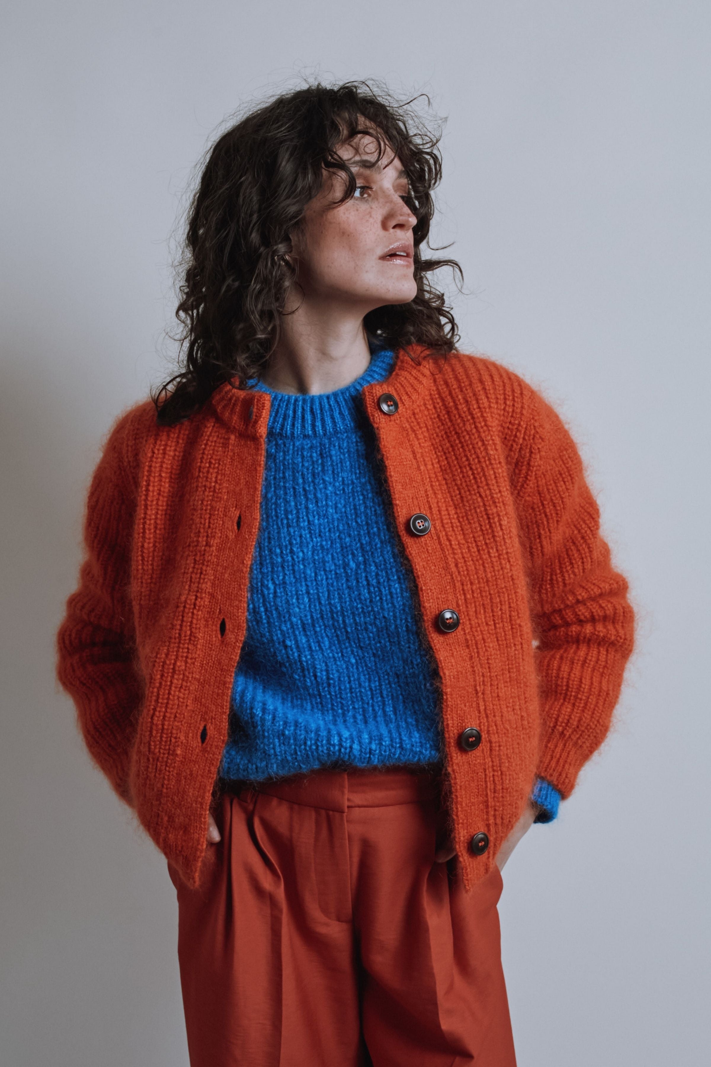 CHARLOTTE Round-Neck Cardigan in Merino-Mohair Wool - Burnt Orange