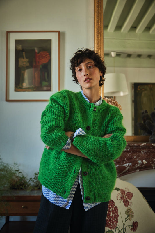 CHARLOTTE Cardigan- 100% Cruelty Free Merino Wool in parrott green- Spanish Merino Wool sweater - L'Envers