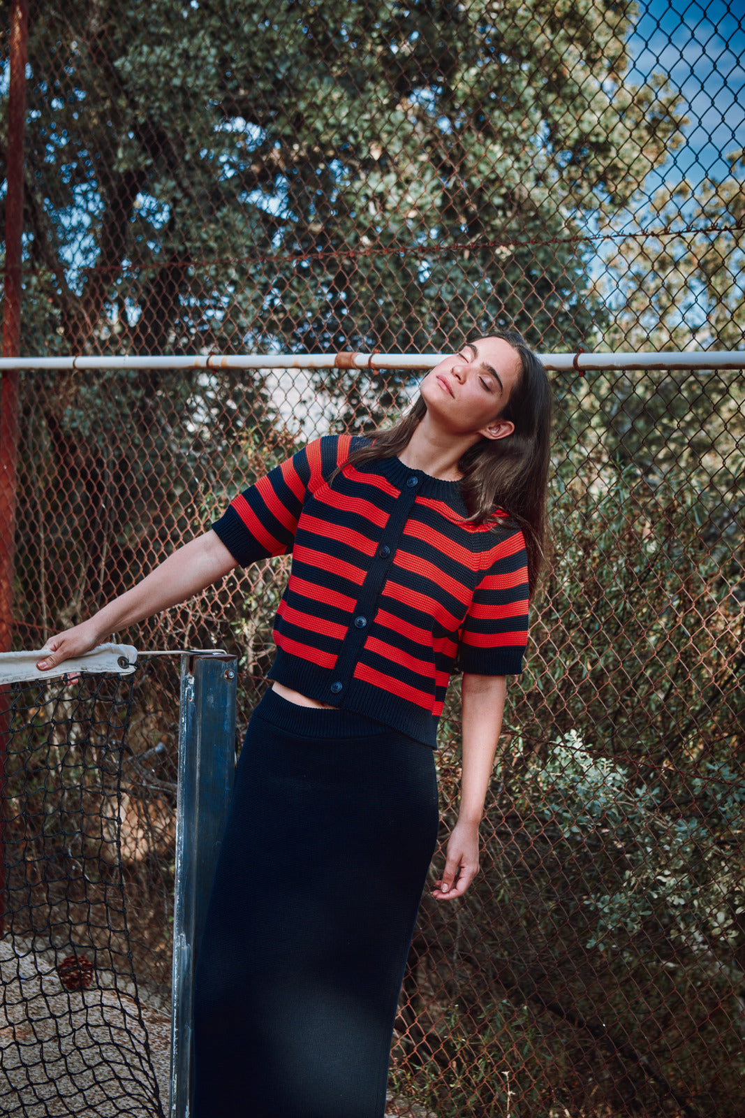 CLARISSE Short-Sleeve Cardigan in Organic Cotton - Navy Blue and Red Stripes