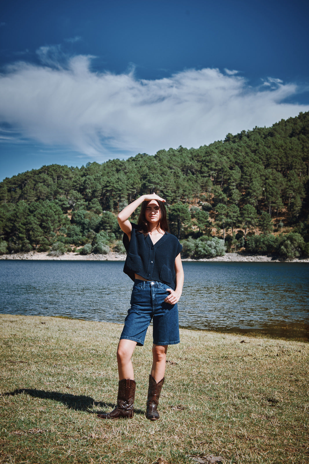 ELEONORE Sleeveless V-Neck Cardigan in Organic Cotton - Navy Blue