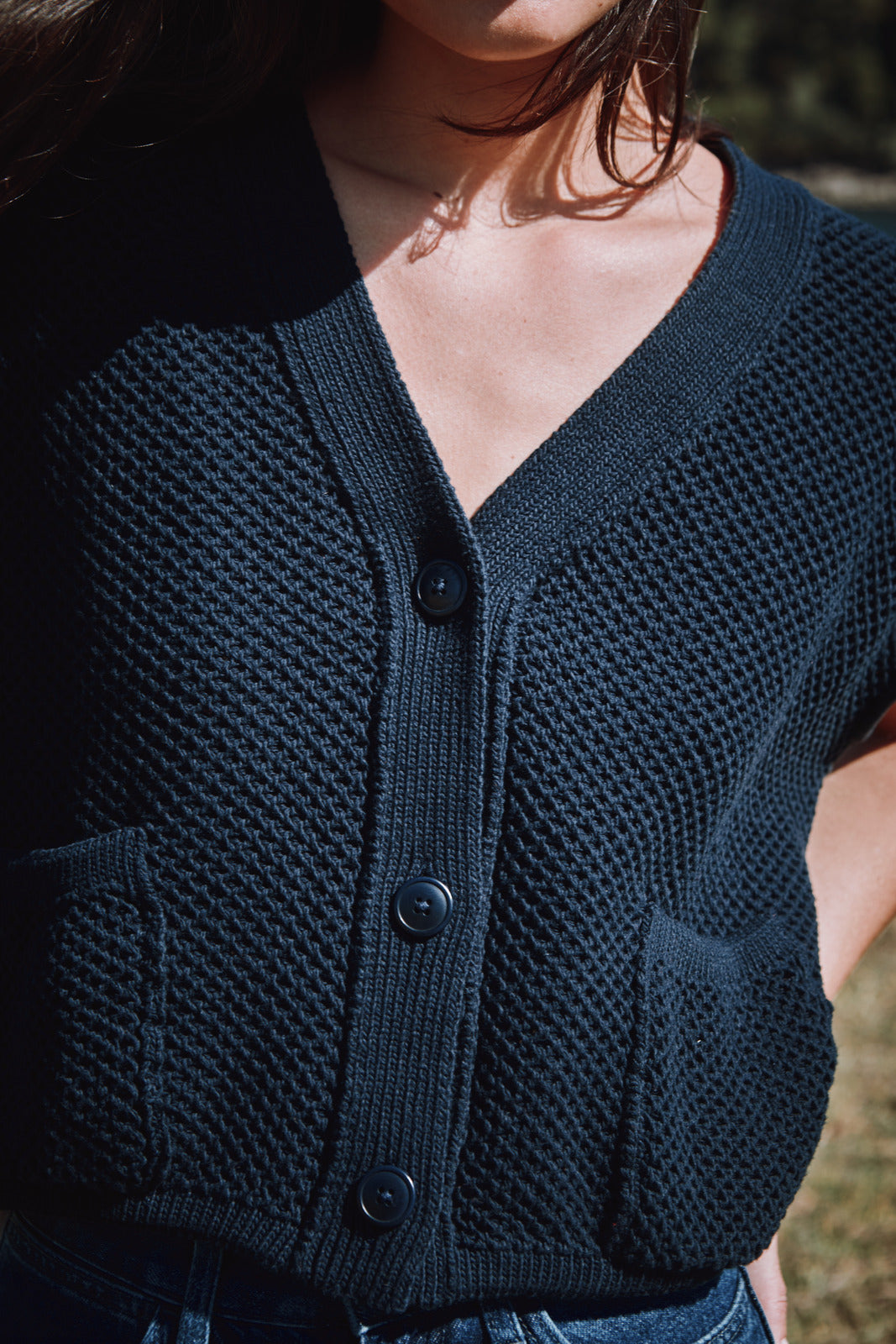 ELEONORE Sleeveless V-Neck Cardigan in Organic Cotton - Navy Blue