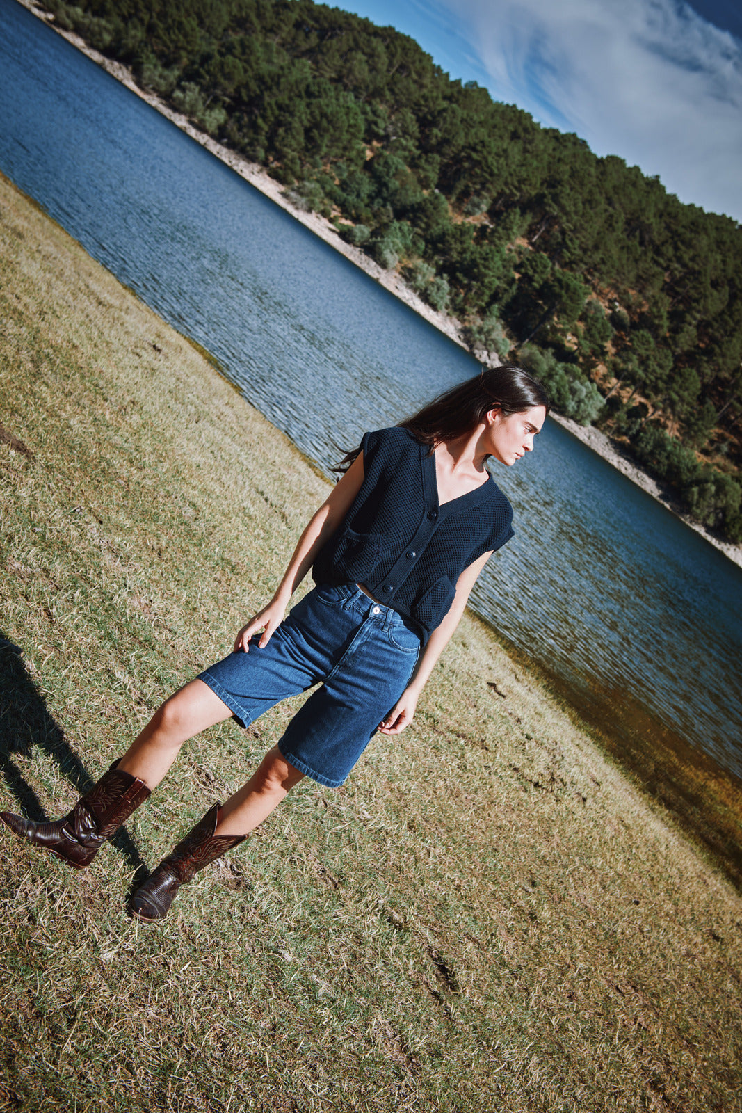 ELEONORE Sleeveless V-Neck Cardigan in Organic Cotton - Navy Blue