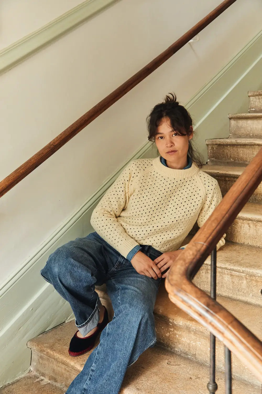 FLORENCE Pull ajouré en laine mérinos - Écru