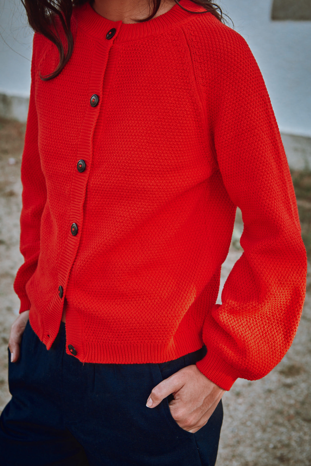 GABY Balloon-Sleeve Cardigan in Organic Cotton - Red - L'ENVERS