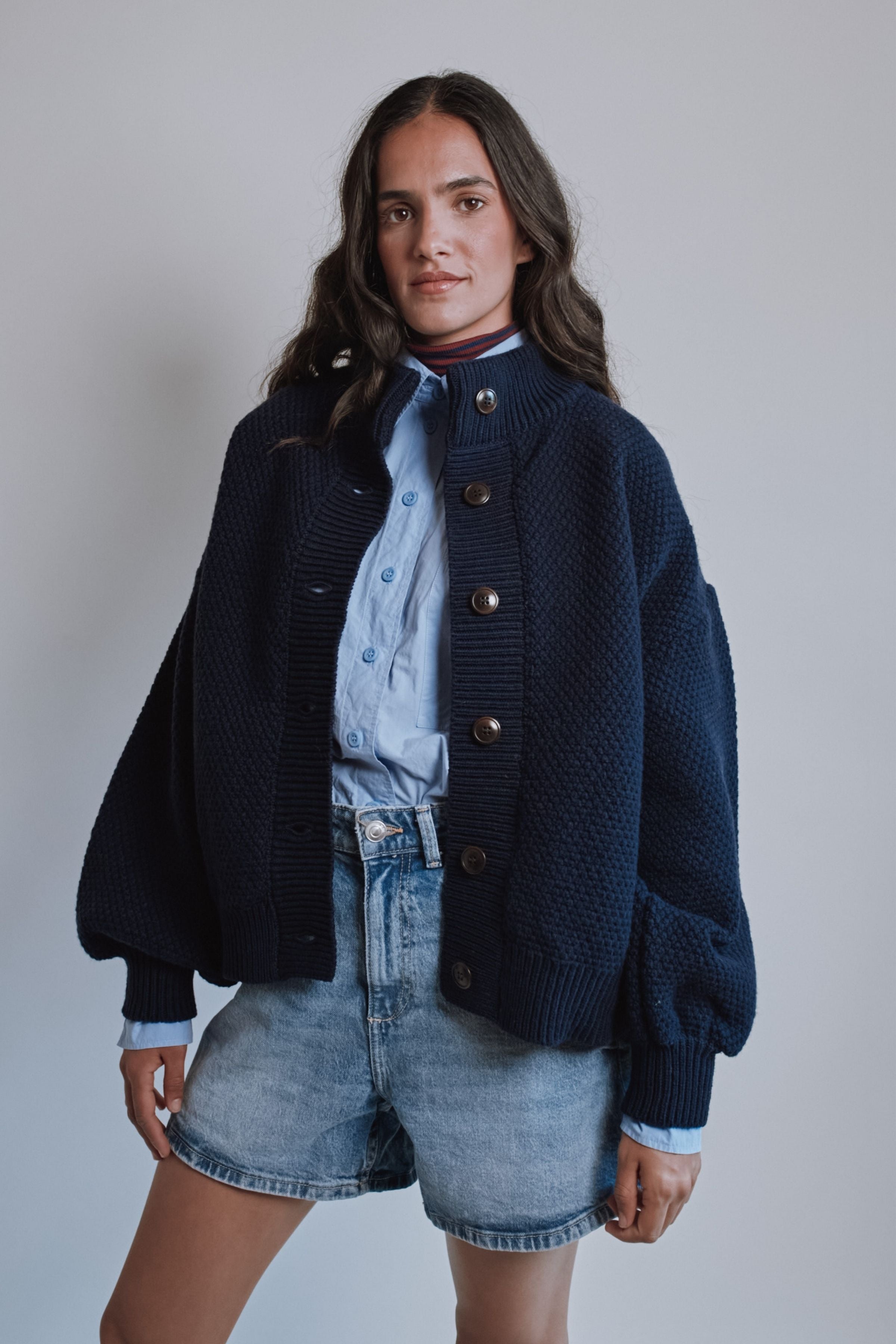GEORGE High-Neck Jacket in Merino Wool - Navy Blue