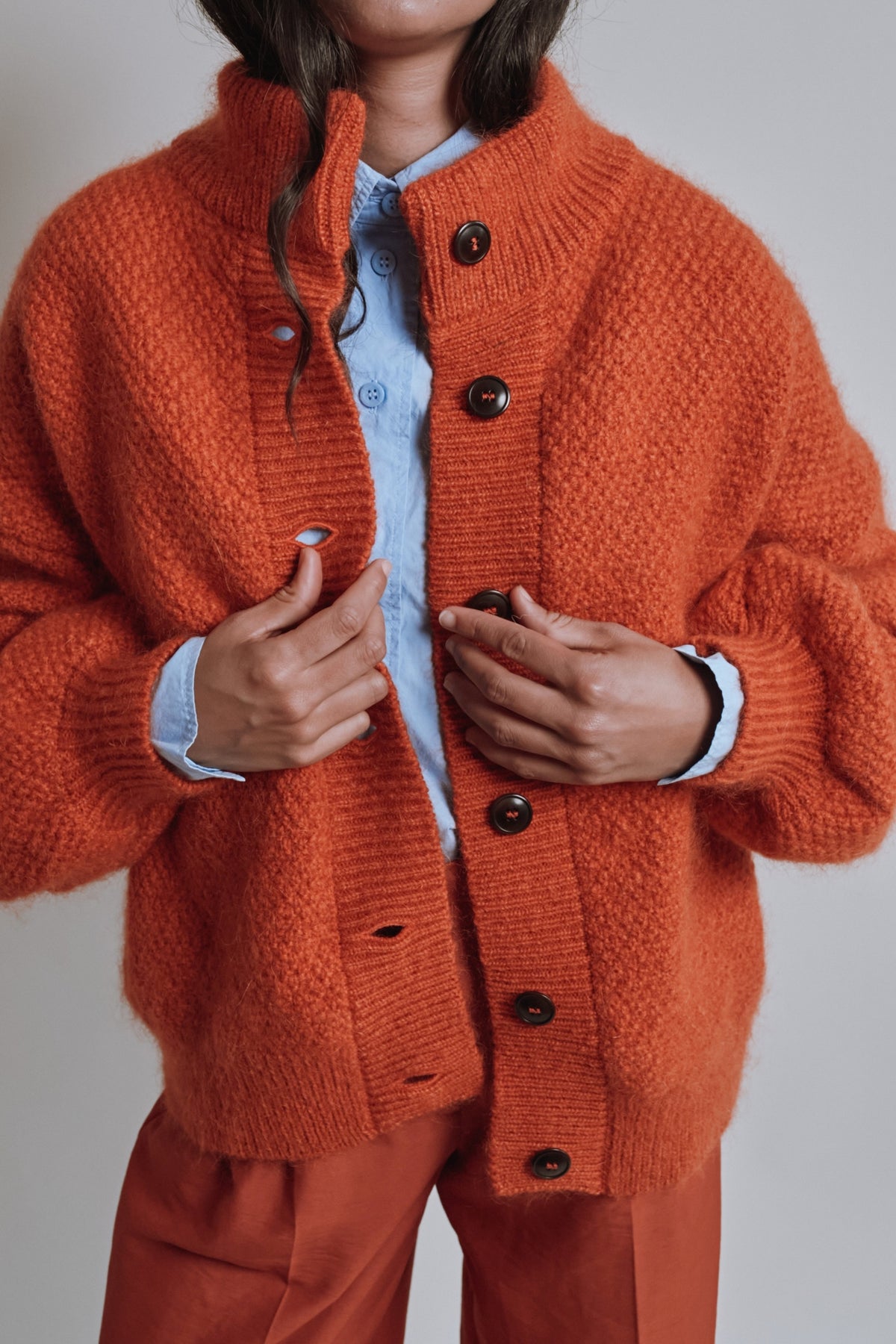 Veste à col montant GEORGE en laine mérinos et mohair - Orange brûlé