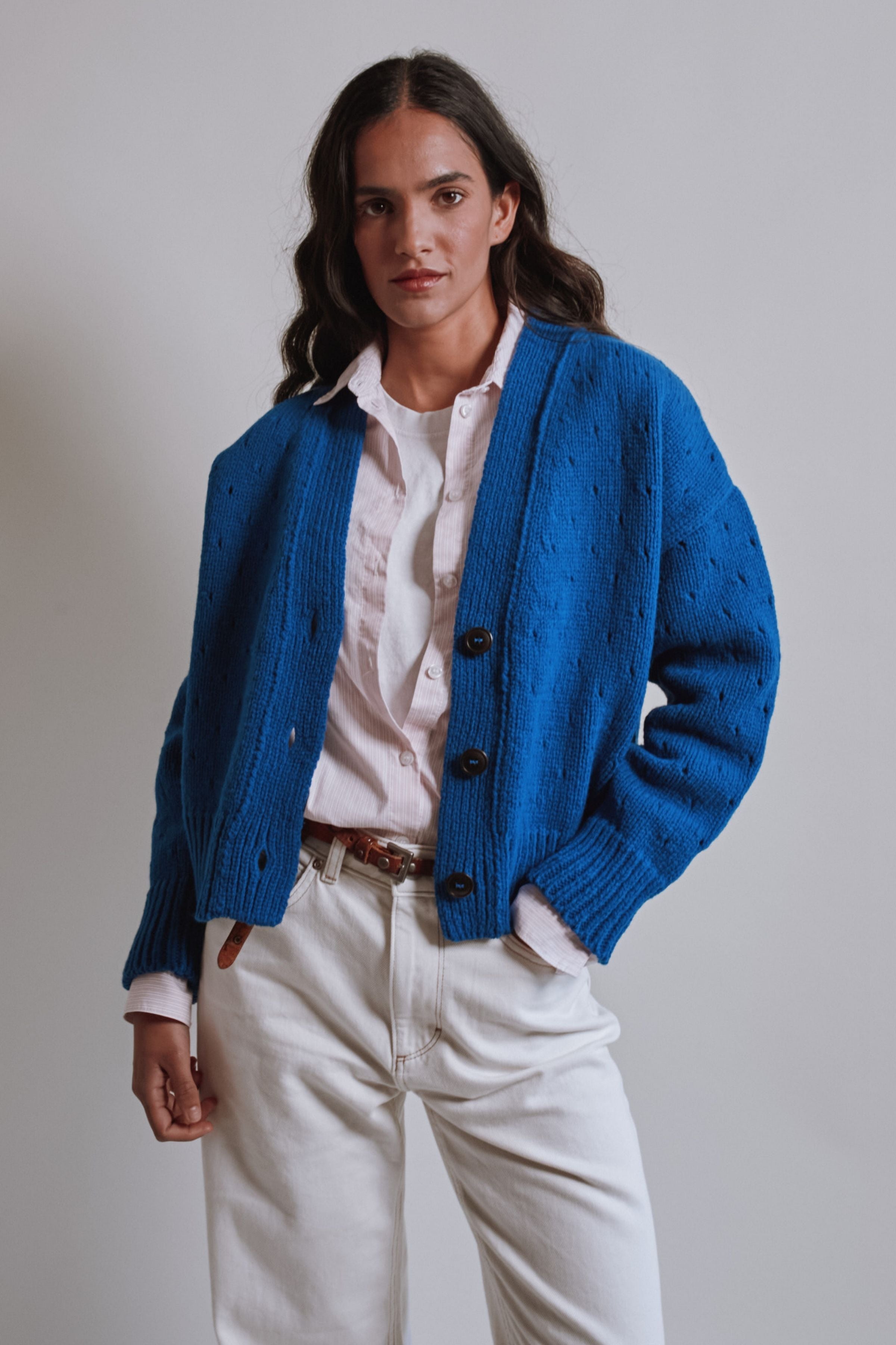 KATRINA Open Weave Cardigan in Merino Wool - Cobalt Blue