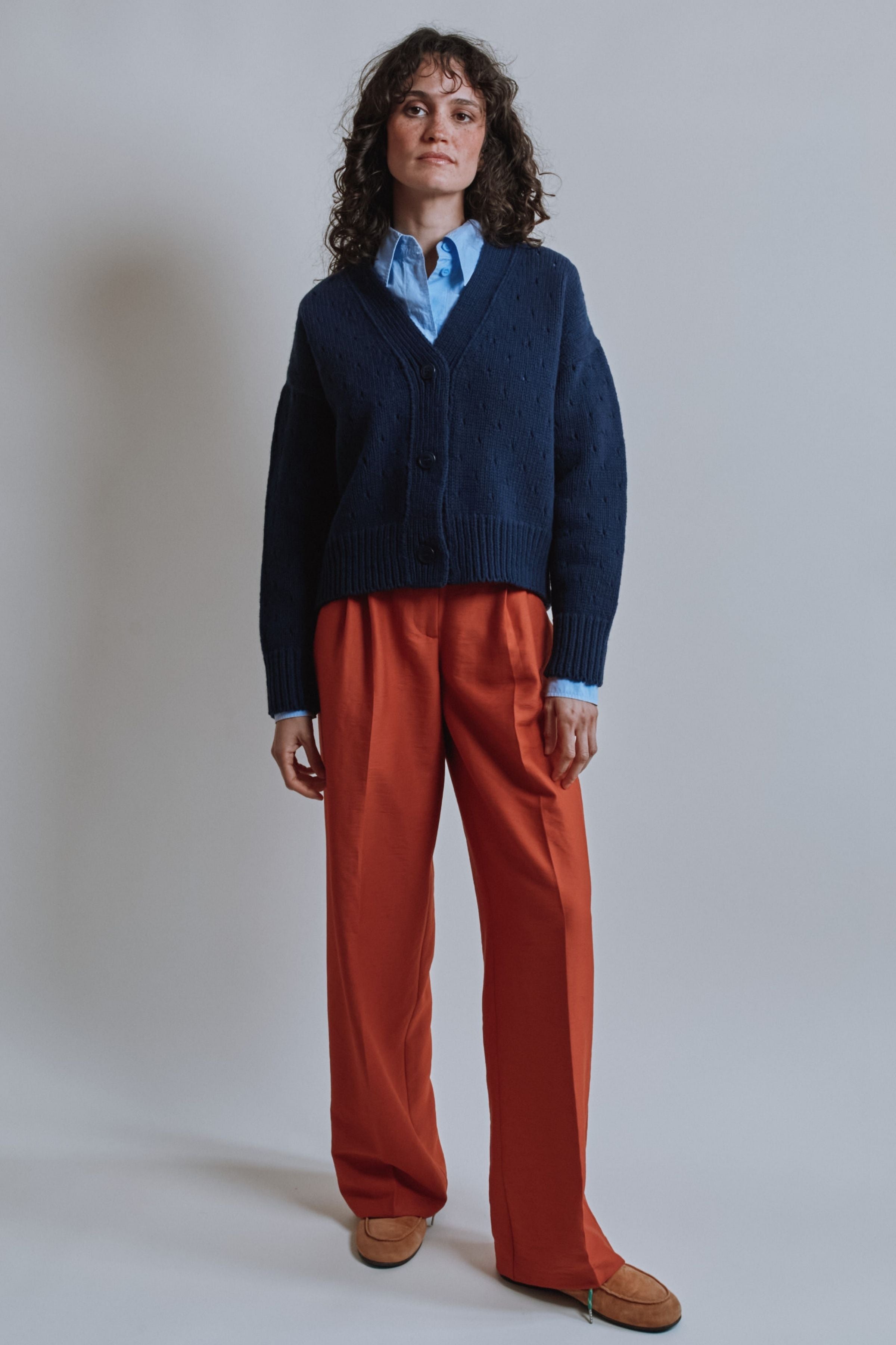 KATRINA Open Weave Cardigan in Merino Wool - Navy Blue