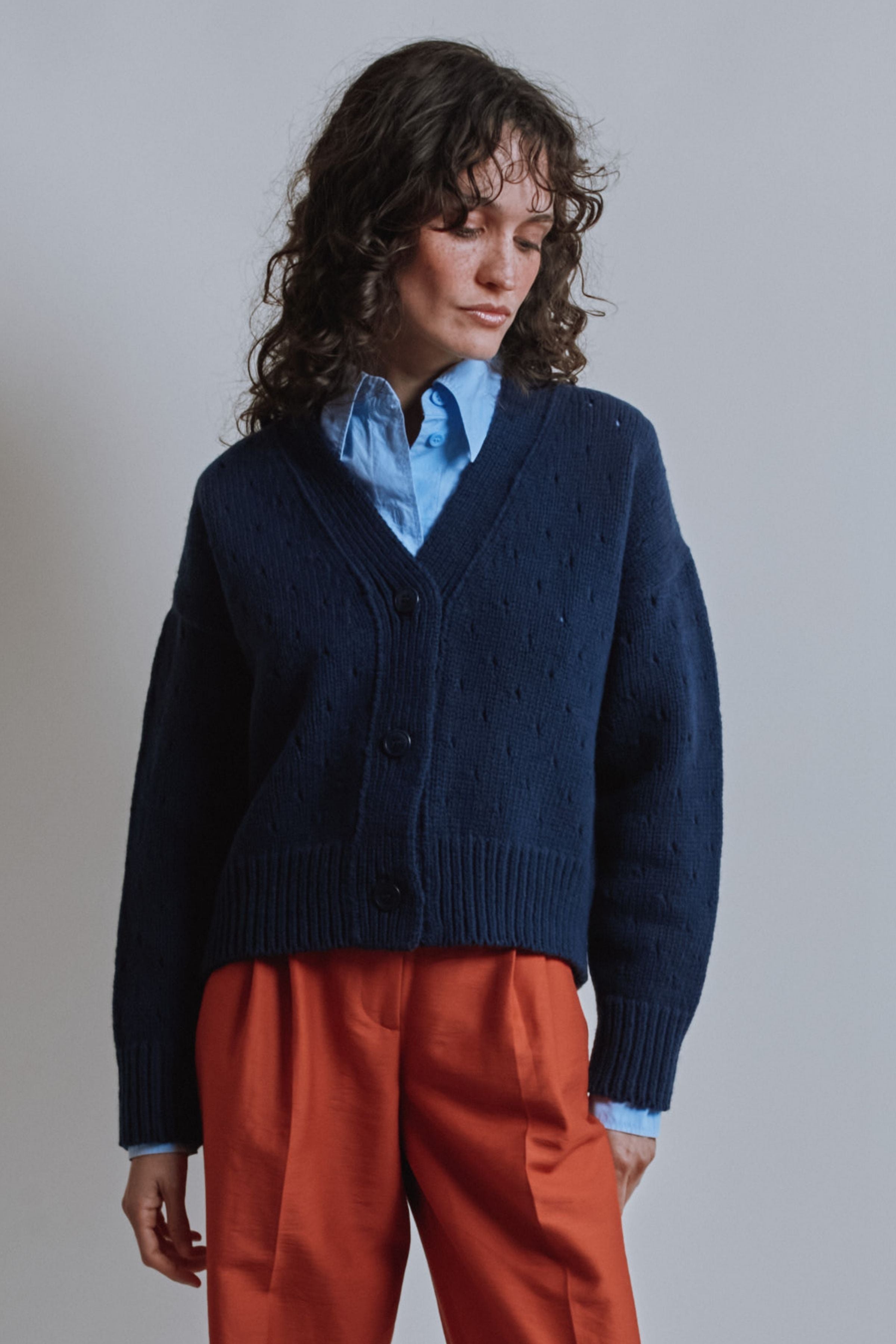 KATRINA Open Weave Cardigan in Merino Wool - Navy Blue