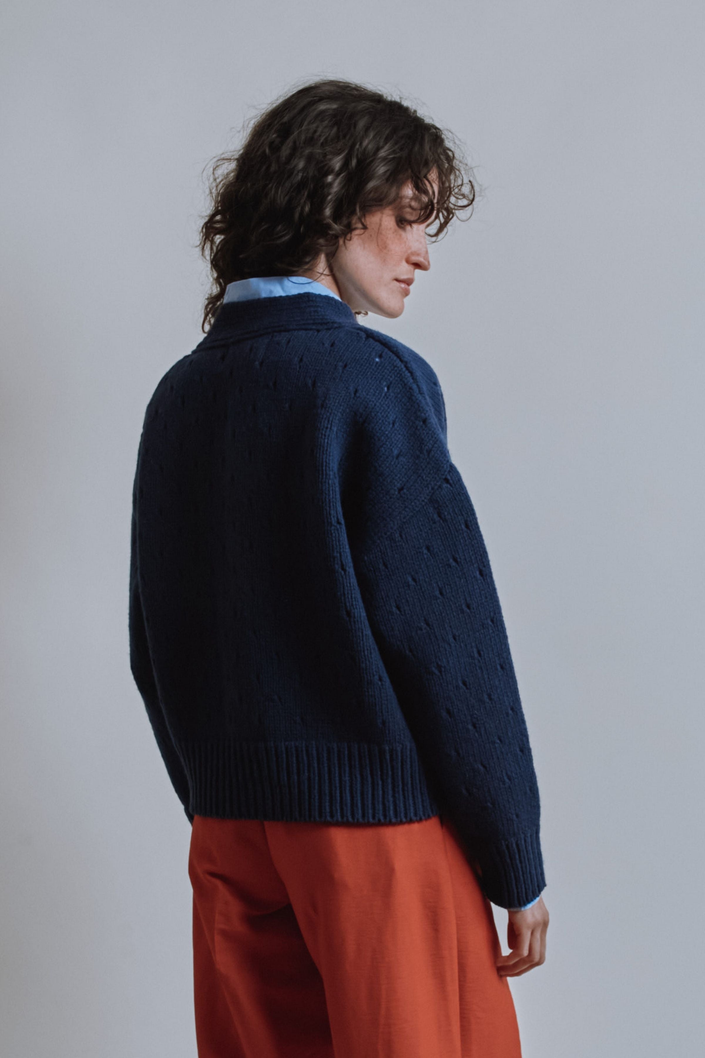KATRINA Open Weave Cardigan in Merino Wool - Navy Blue