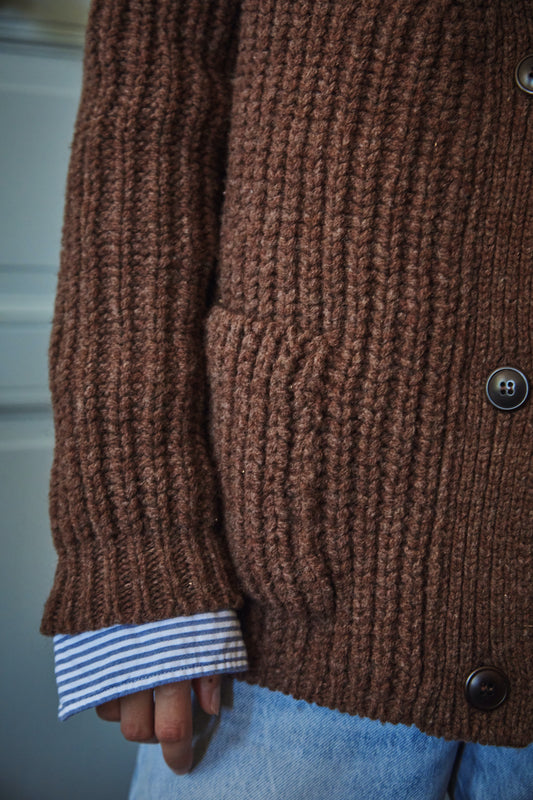 MIREILLE V Neck Sweater - 100% Cruelty Free Merino Wool in chocolate - Spanish Merino Wool Cardigan - L'Envers