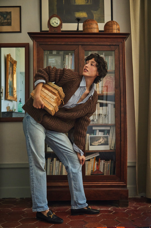 MIREILLE V Neck Sweater - 100% Cruelty Free Merino Wool in chocolate - Spanish Merino Wool Cardigan - L'Envers