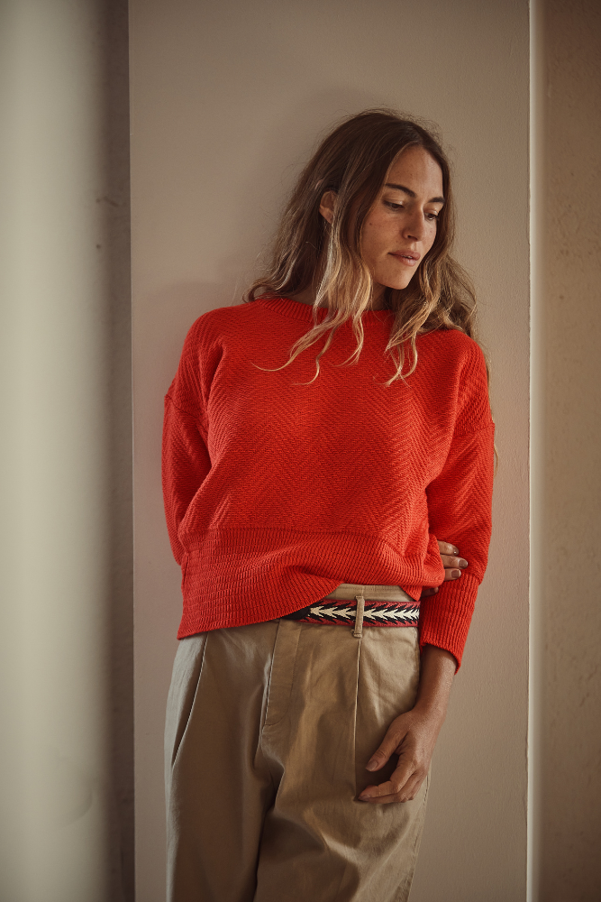 NELLIE Chevron Sweater in Organic Cotton - Red - L'Envers