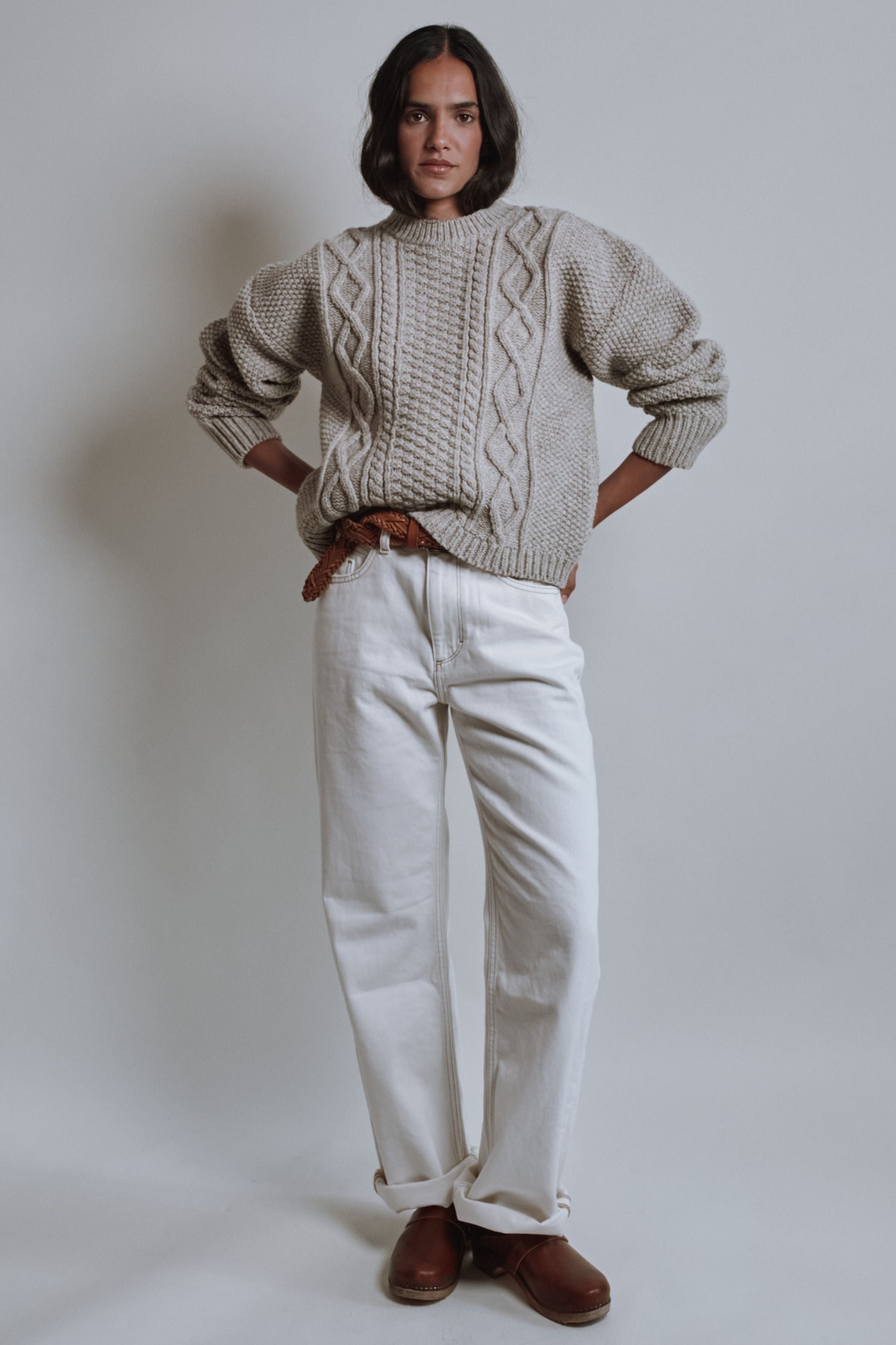 PAOLA Irish Cable Sweater in Merino Wool - Beige