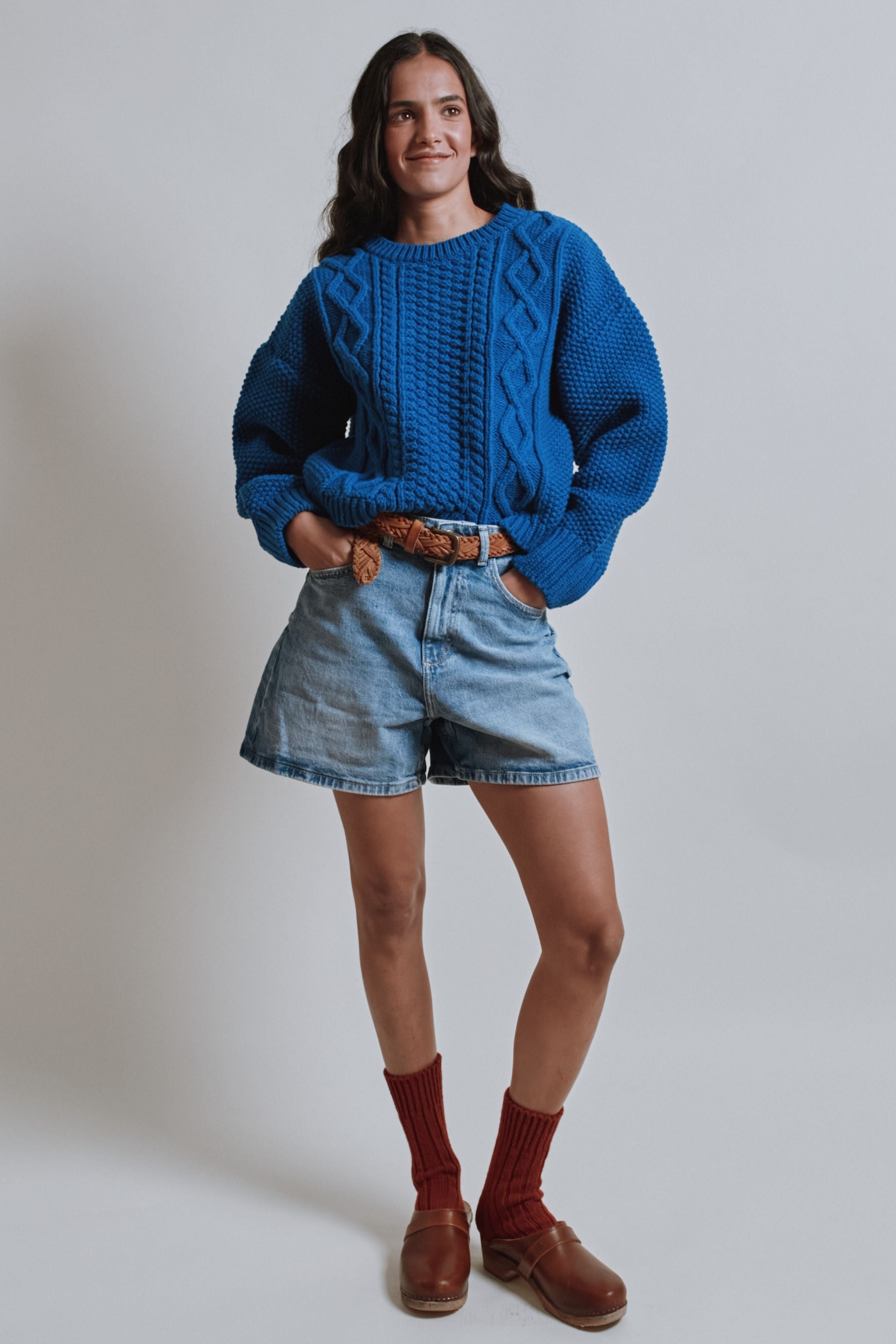 PAOLA Irish Cable Sweater in Merino Wool - Cobalt Blue