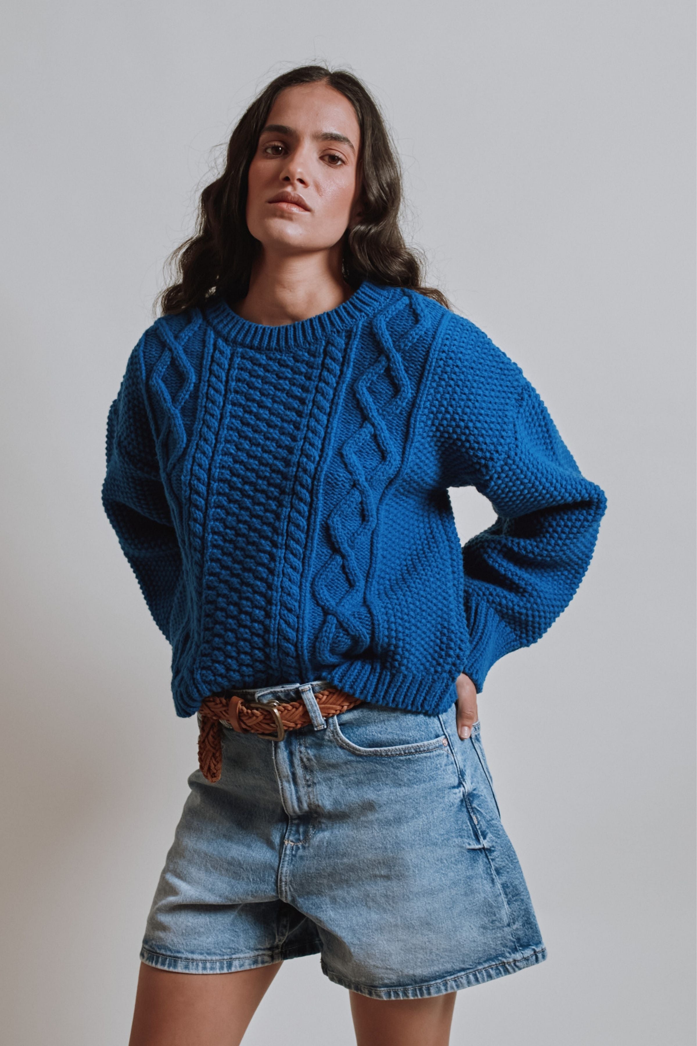 PAOLA Irish Cable Sweater in Merino Wool - Cobalt Blue