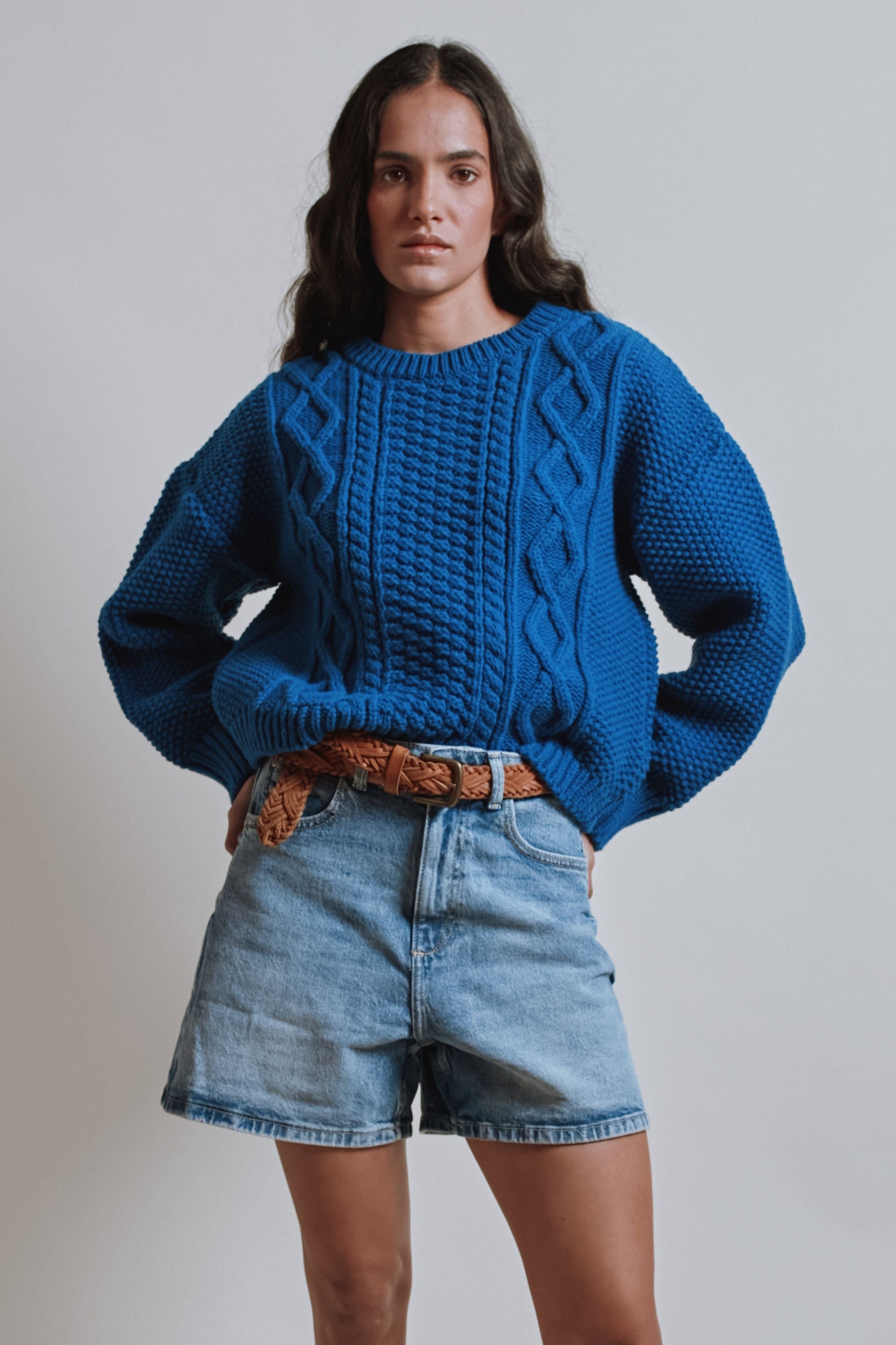 PAOLA Irish Cable Sweater in Merino Wool - Cobalt Blue