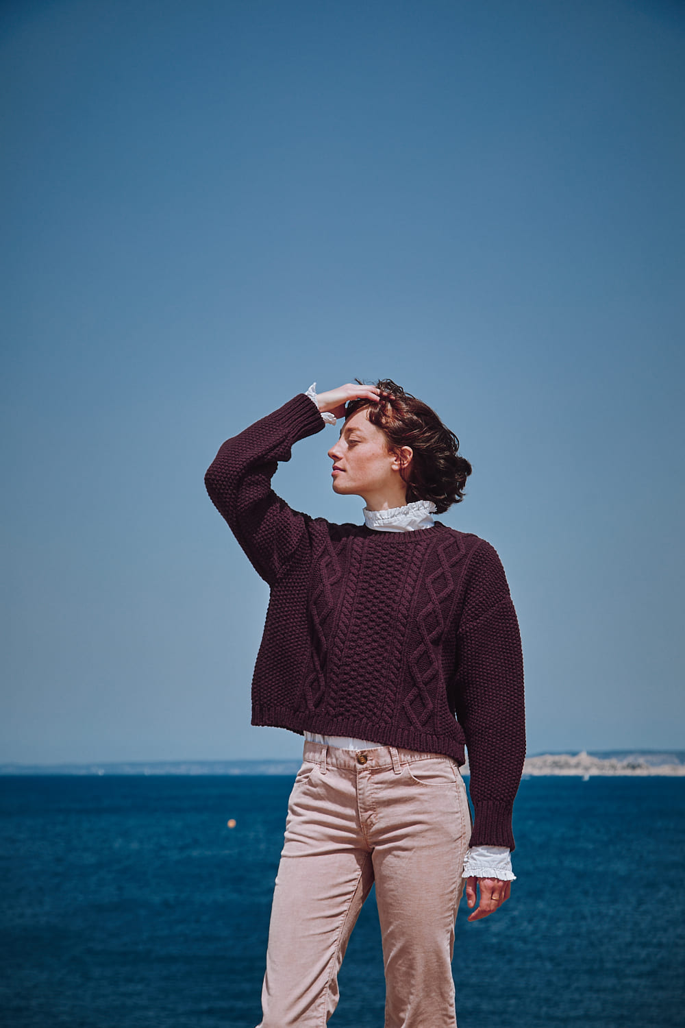 PAOLA Irish Cable Sweater in Plum 100 Cruelty Free Merino Wool L Envers