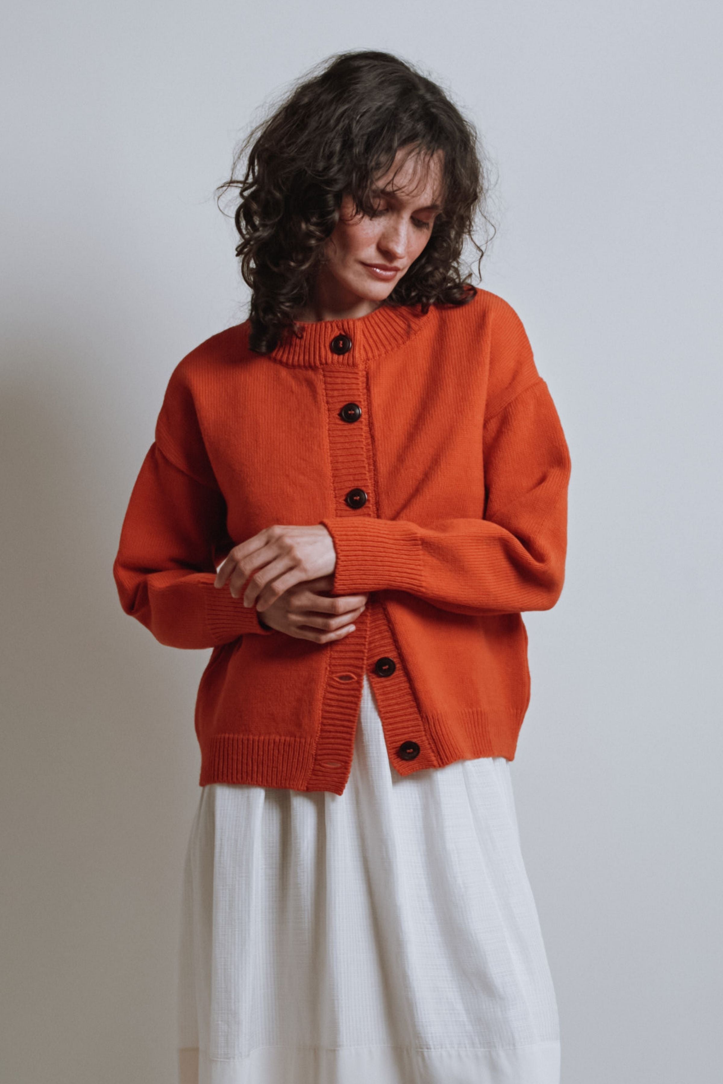 SANDRA Funnel-Neck Cardigan in Merino Wool - Burnt Orange