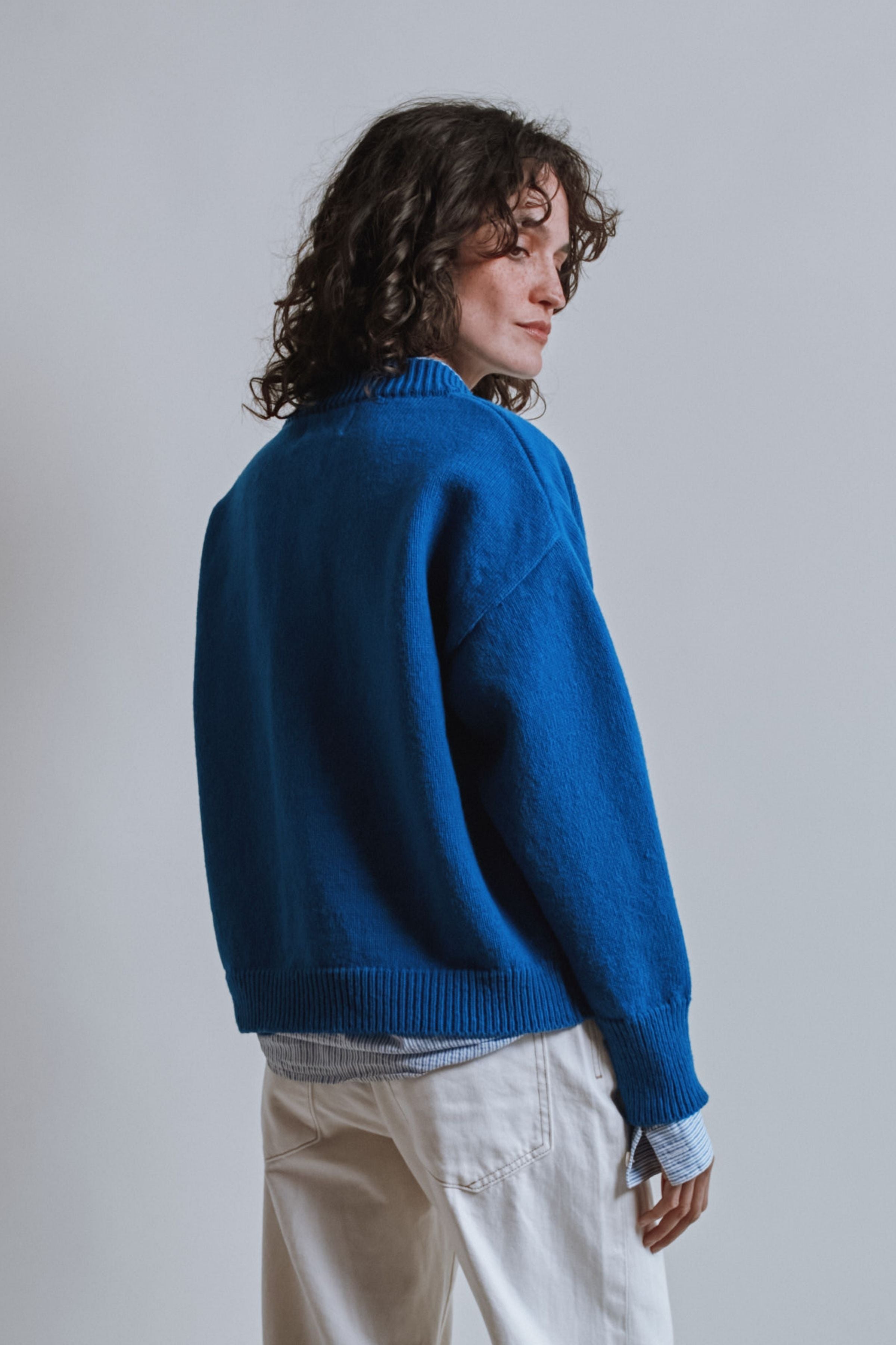 SANDRA Funnel-Neck Cardigan in Merino Wool - Cobalt Blue