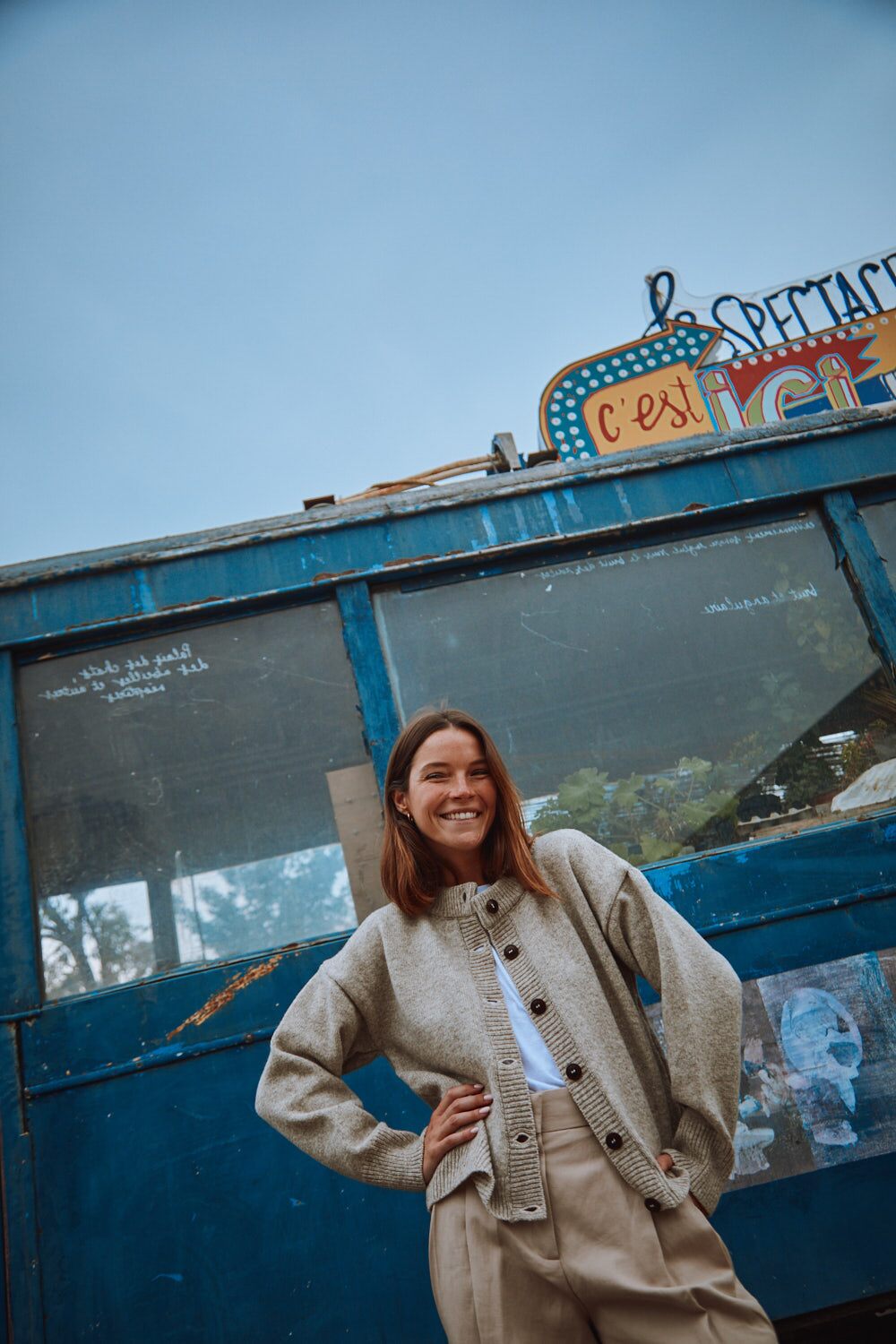 SANDRA Funnel-Neck Cardigan in Merino Wool - Beige. 100% cruelty- free and sustainable knitwear - L'envers