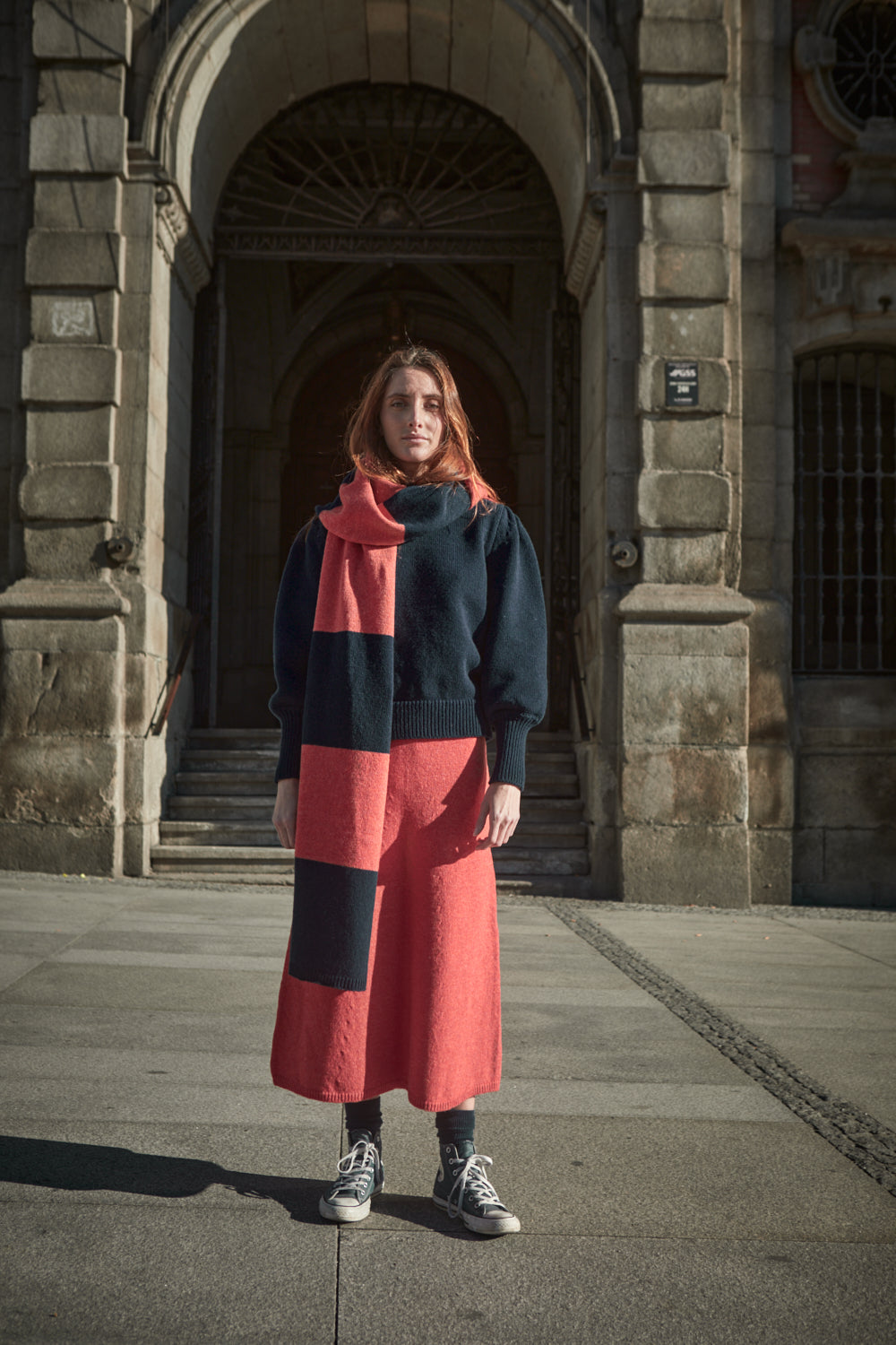 SOLANGE Striped Mega Scarf in Merino Wool - Navy-Coral