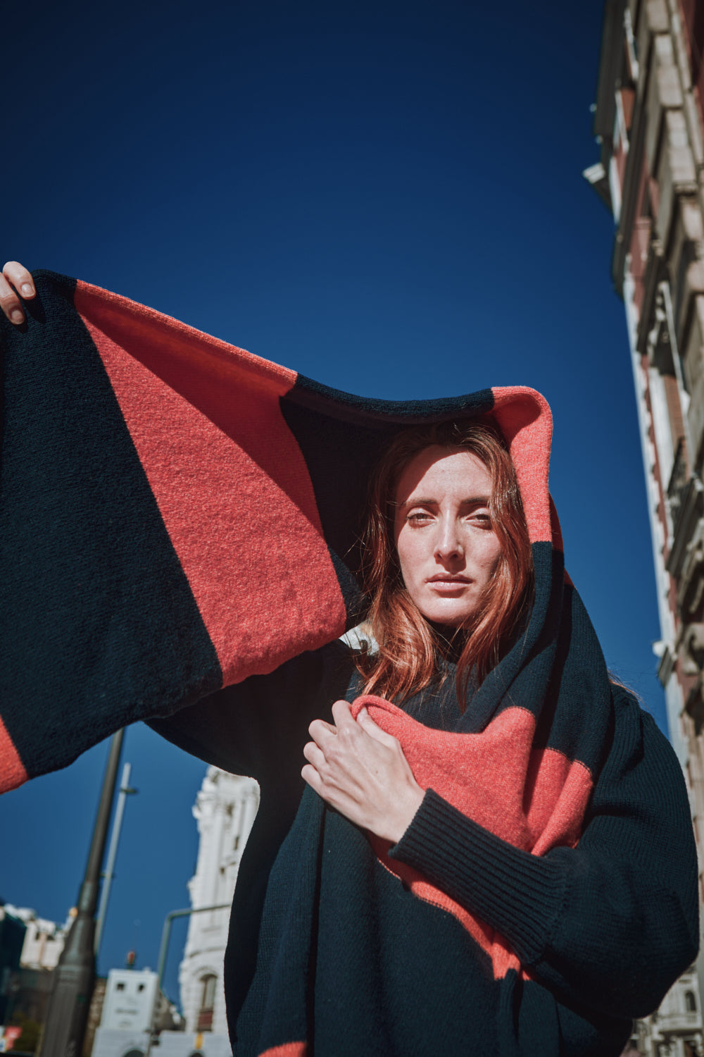 SOLANGE Striped Mega Scarf in Merino Wool - Navy-Coral
