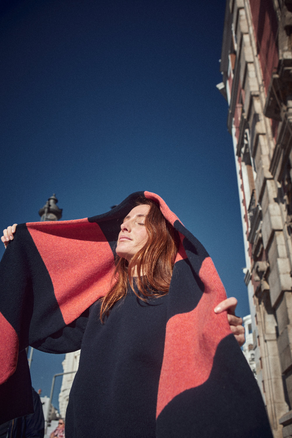 SOLANGE Striped Mega Scarf in Merino Wool - Navy-Coral