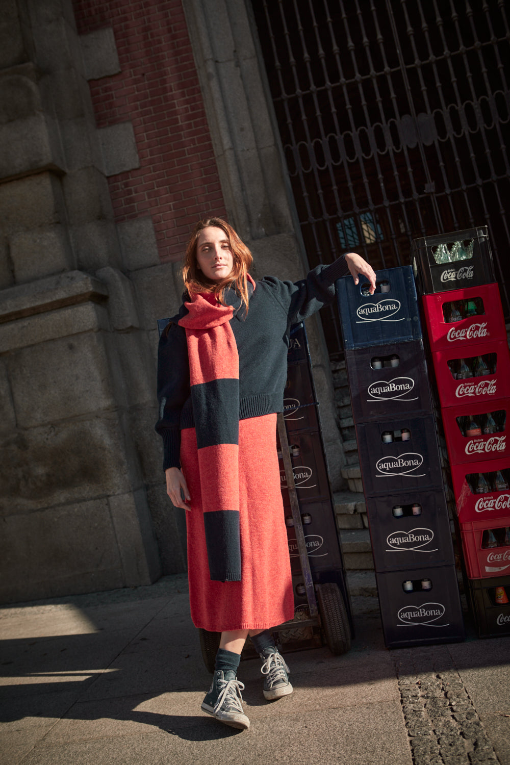 SOLANGE Striped Mega Scarf in Merino Wool - Navy-Coral