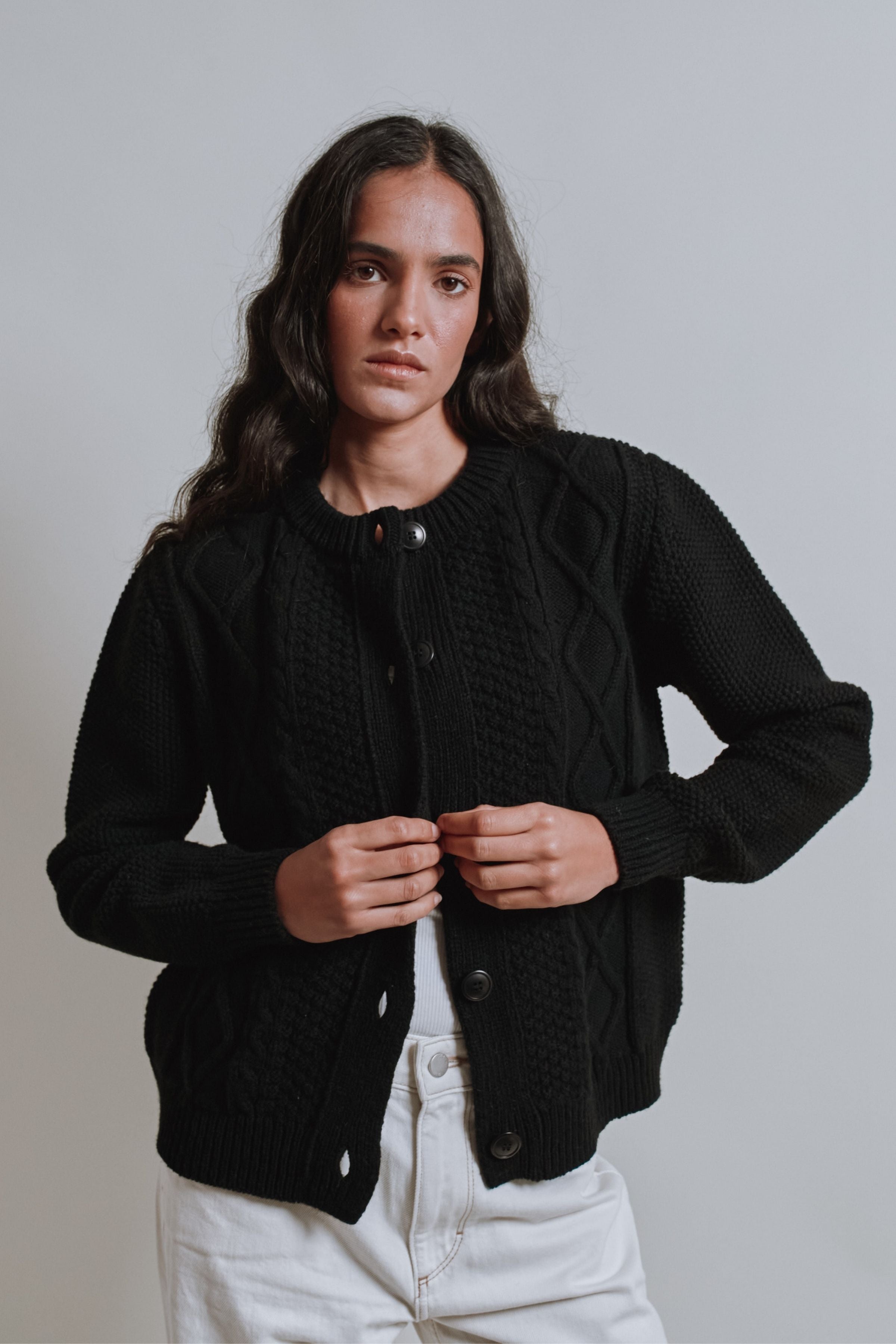 SONIA Cable Cardigan in Merino Wool - Black