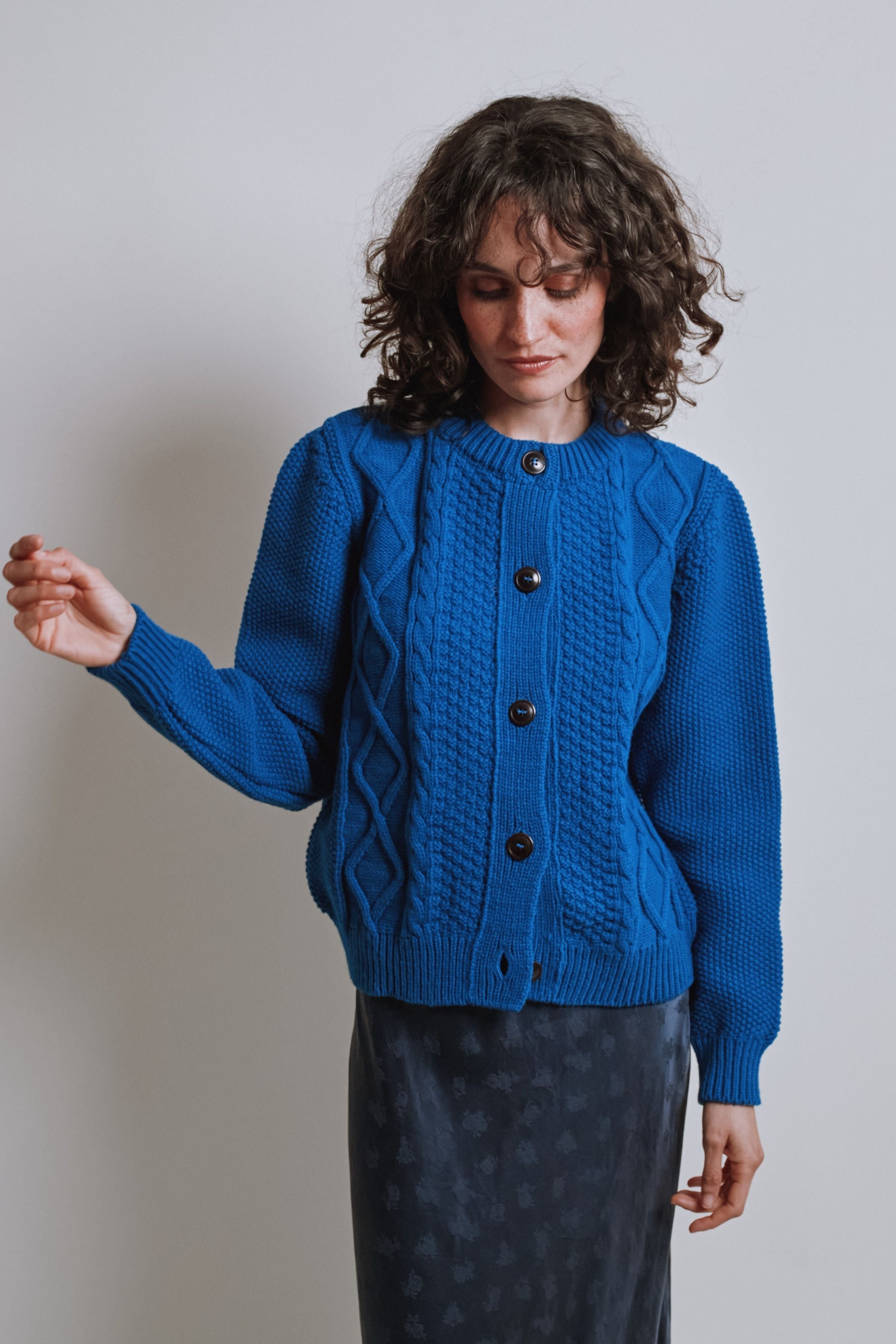 SONIA Cable Cardigan in Merino Wool - Cobalt Blue