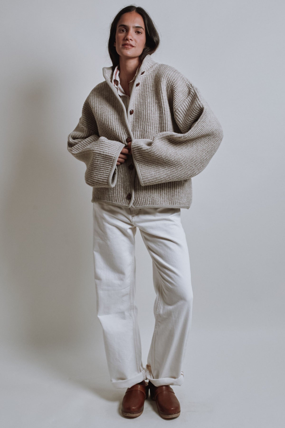 DELPHINE Bell-Sleeve Knit Jacket in Merino Wool - Beige