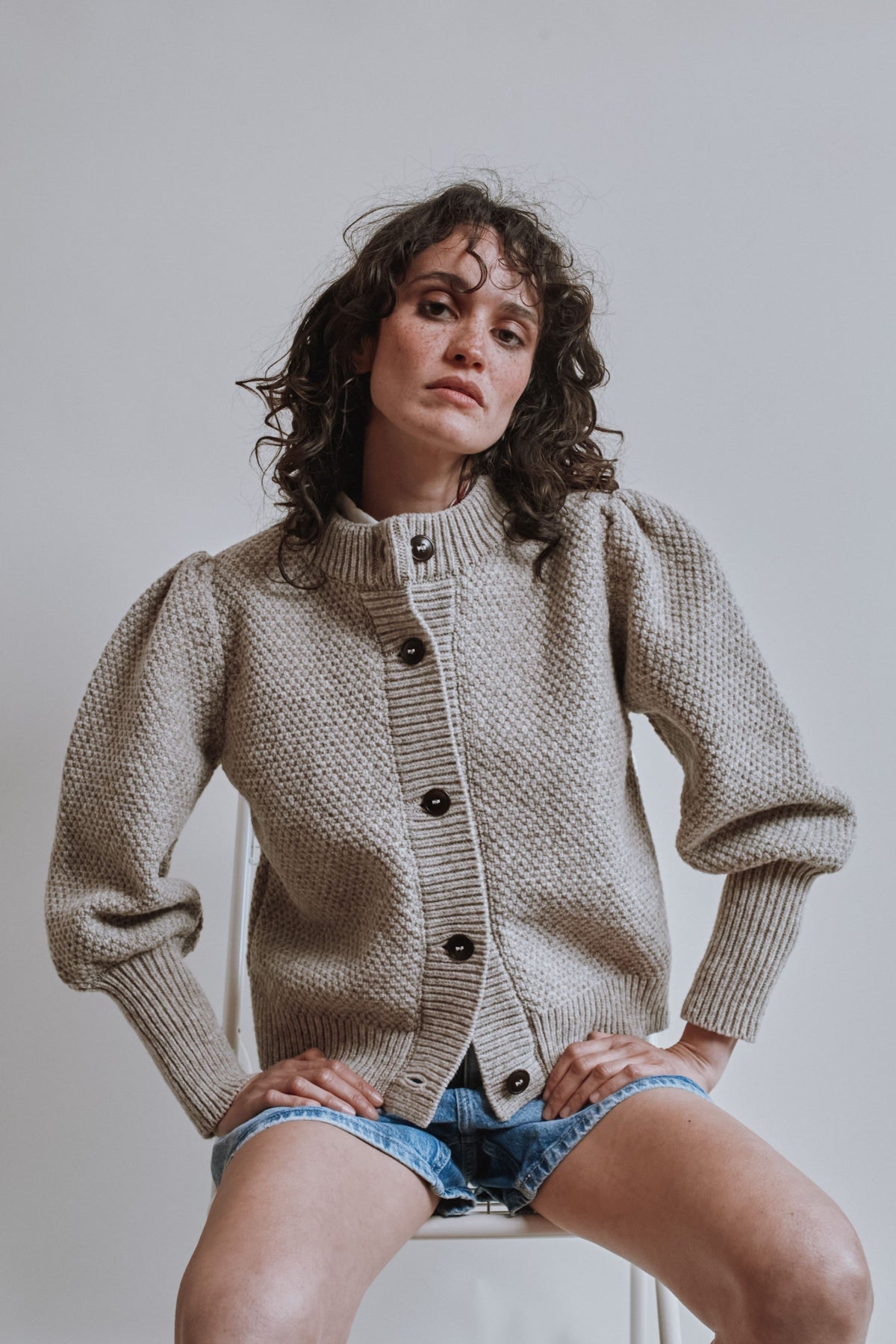 ANAIS Puff Sleeve Cardigan in Merino Wool - Beige