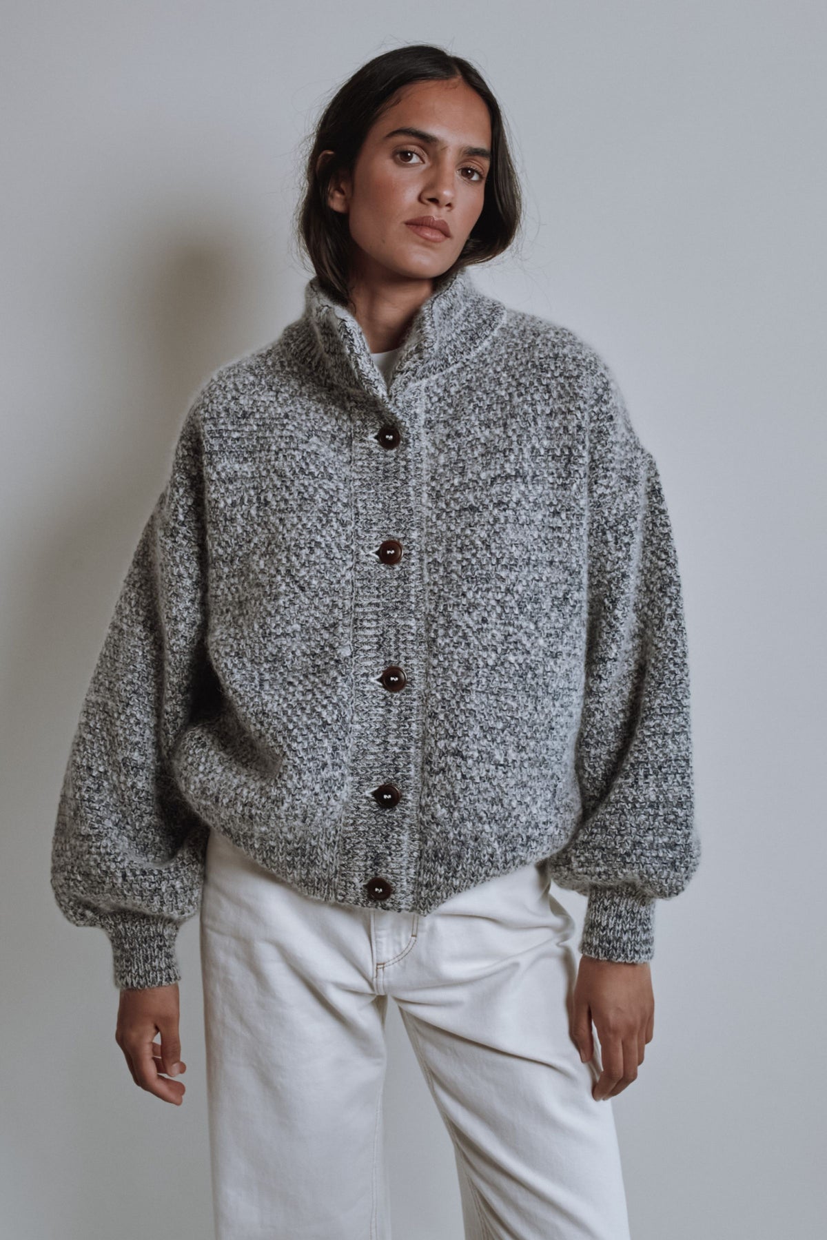 Veste à col montant GEORGE en laine mérinos et mohair - Bleu chiné