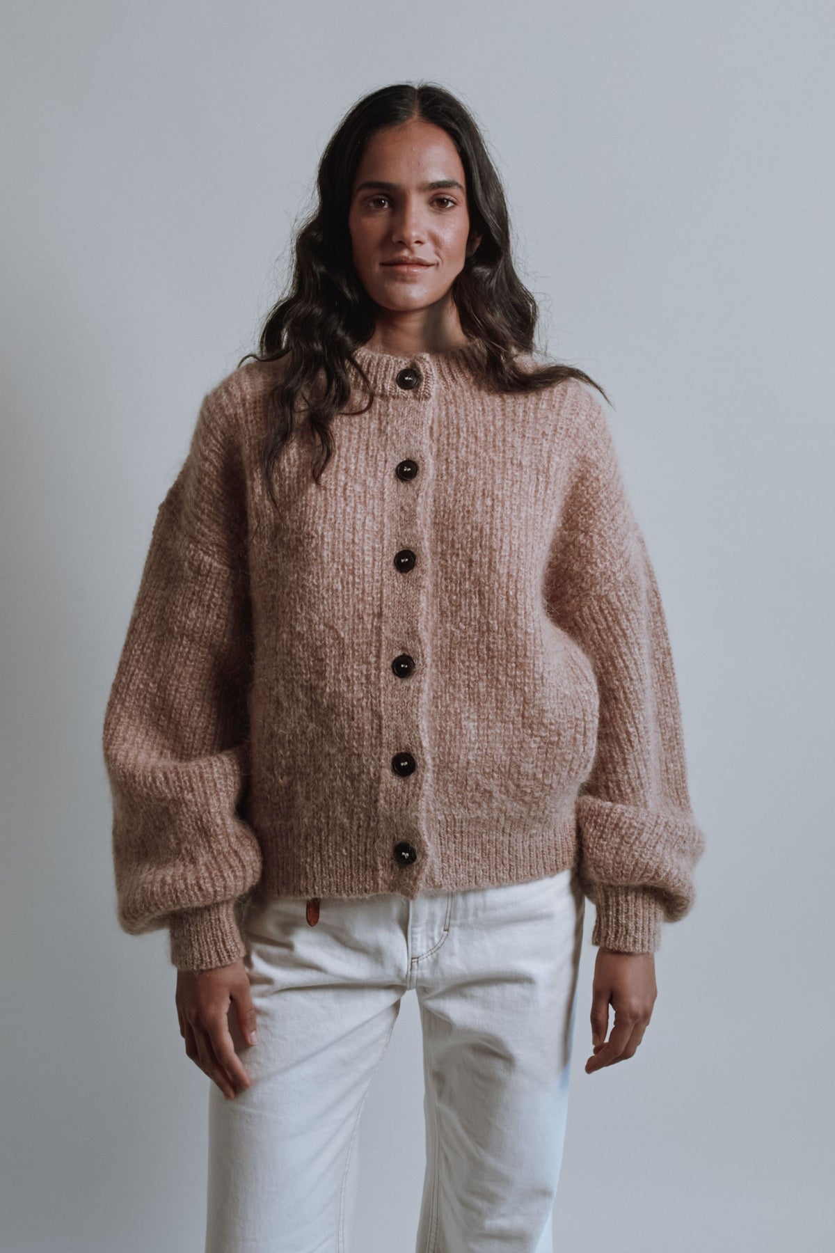 DIANA Balloon-Sleeve Cardigan in Mohair Wool - Light Pink