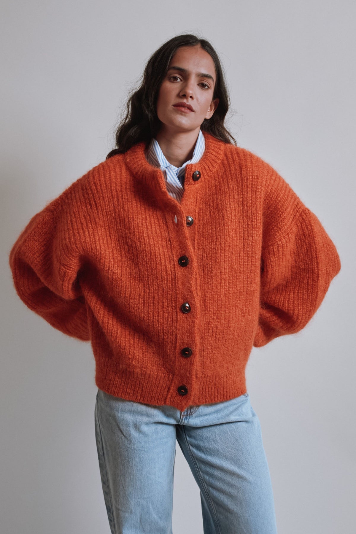 DIANA Balloon-Sleeve Cardigan in Mohair Wool - Burnt Orange