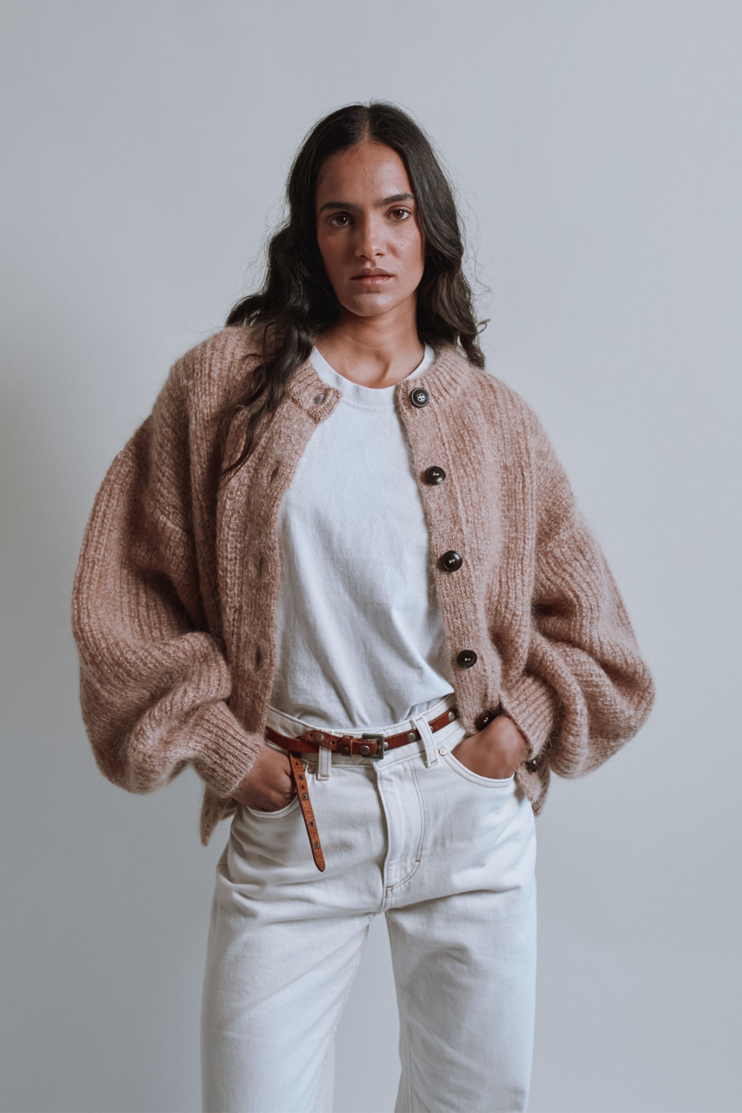 DIANA Balloon-Sleeve Cardigan in Mohair Wool - Light Pink