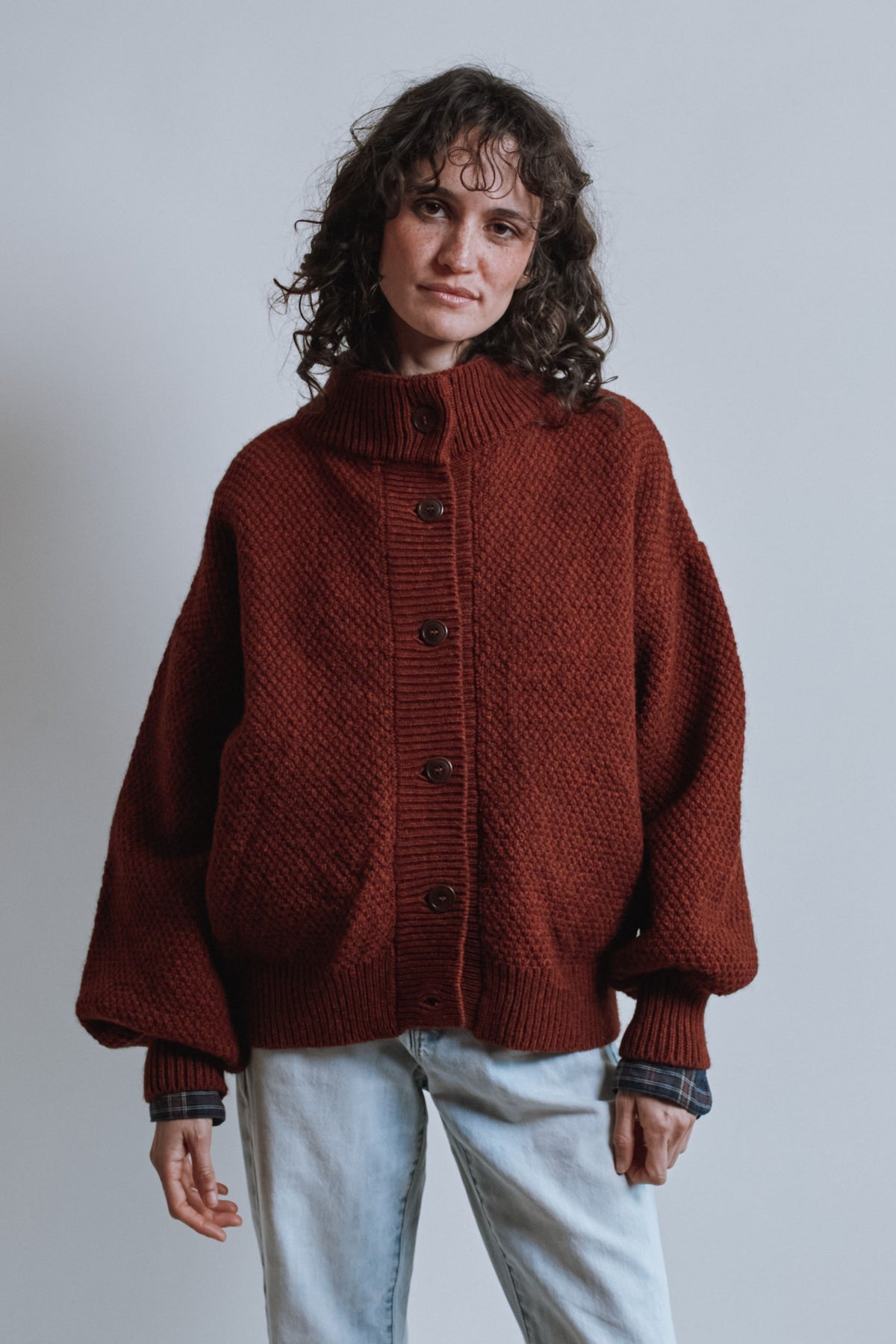 GEORGE High-Neck Jacket in Yak-Merino Wool - Rust Red