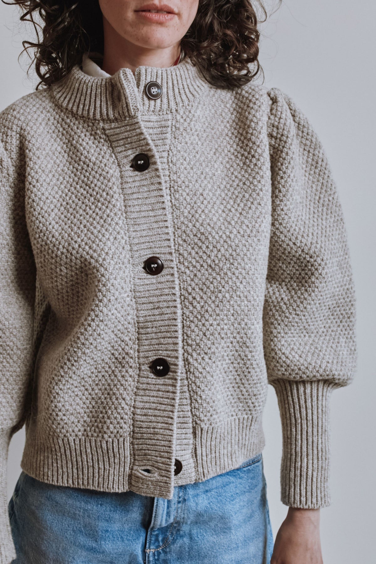 ANAIS Puff Sleeve Cardigan in Merino Wool - Beige