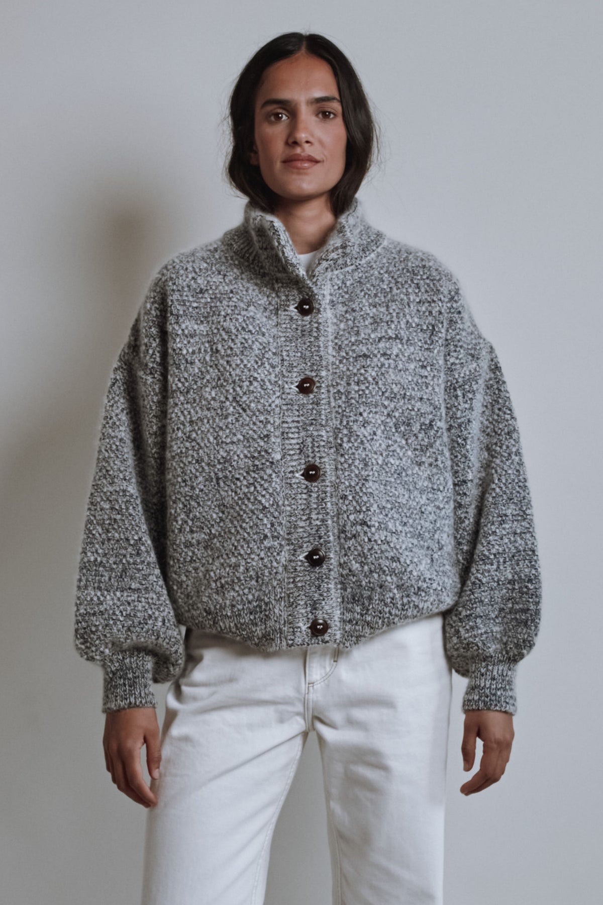 GEORGE High-Neck Jacket in Merino-Mohair Wool - Mottled Blue