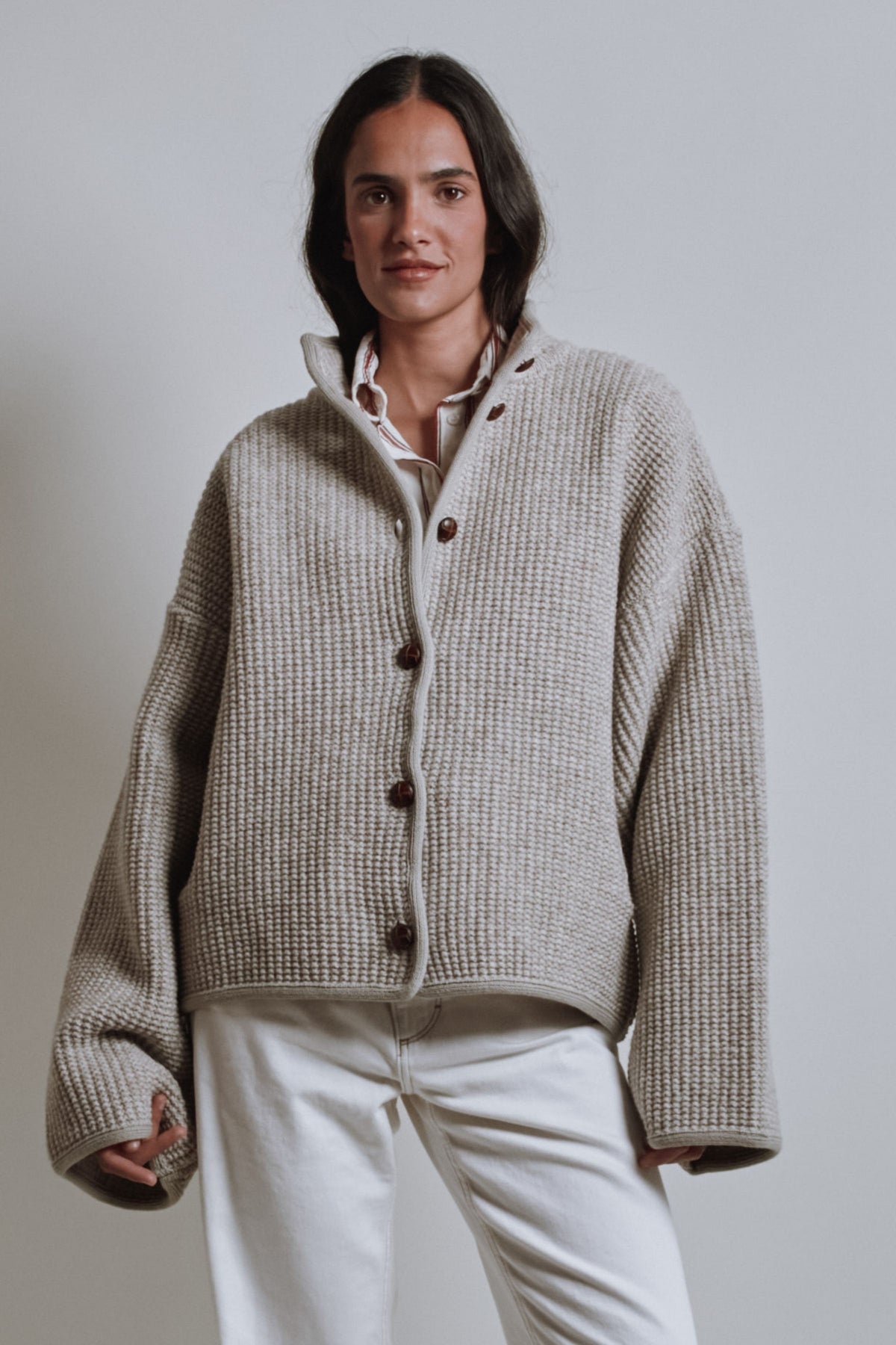 DELPHINE Bell-Sleeve Knit Jacket in Merino Wool - Beige